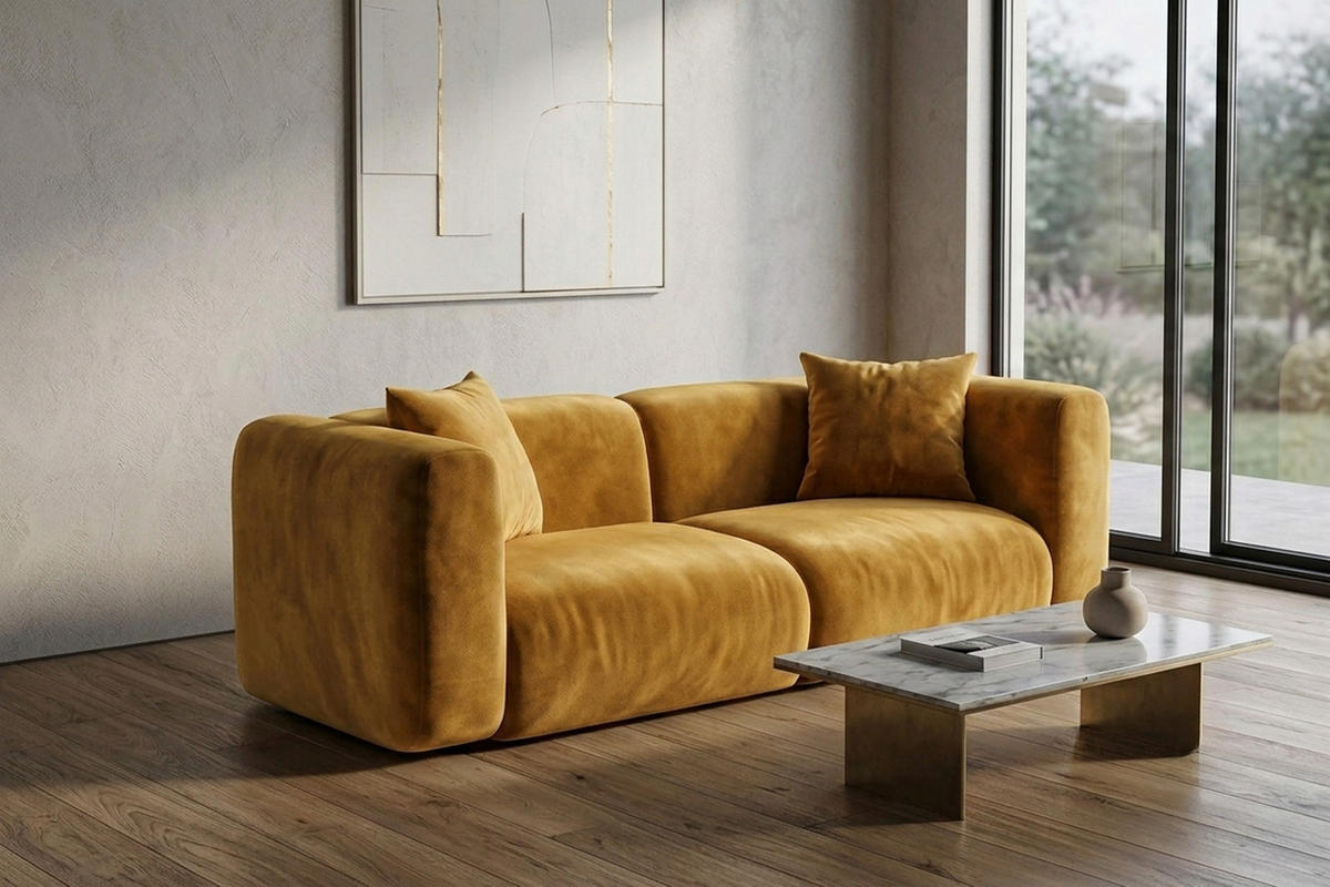SOFA 2-Sitzer, Velvet-Stoff Bluvel, Golden, GRETA - Goldfarben, Holz (228/70/89cm) - Kaiser Möbel