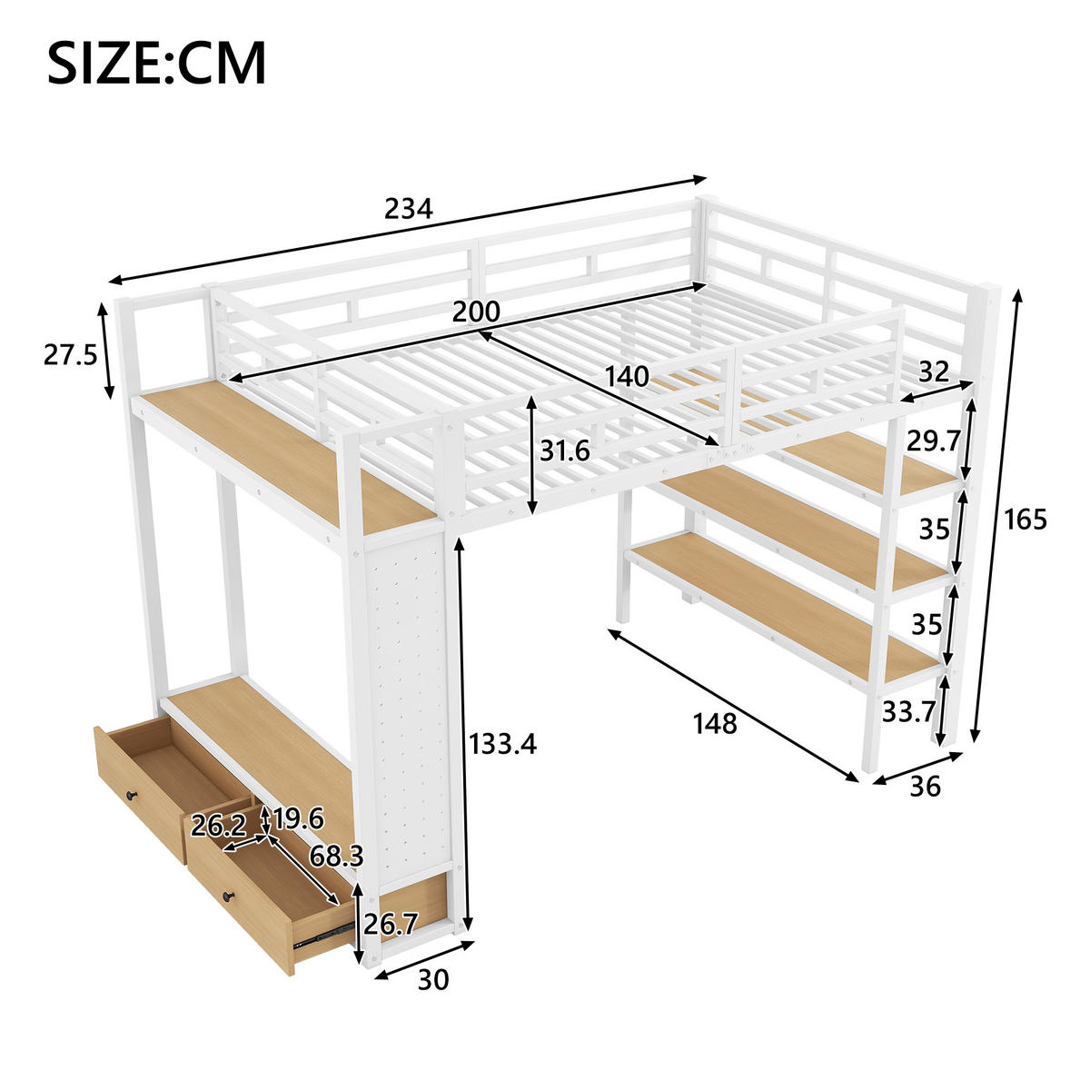 HOCHBETT 140/200 cm in Weiß mit Kleiderschrank, 2 Schubladen und LED - Weiß, Holzwerkstoff/Metall (140/200cm) - STILVORA