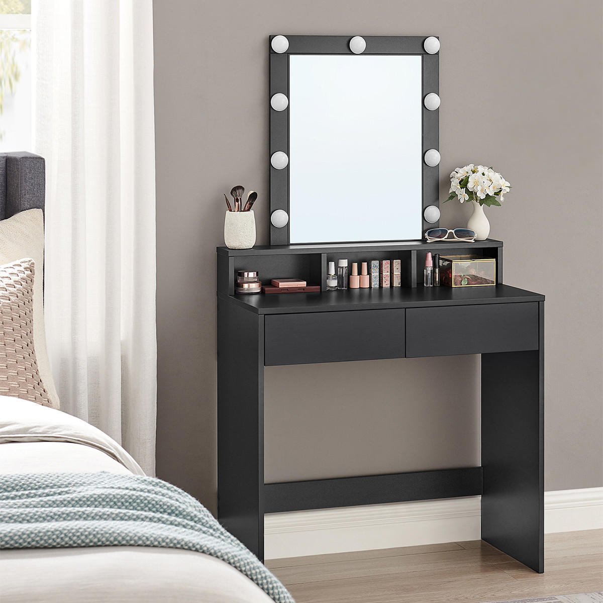 SCHMINKTISCH 1 Schublade, 3 Fächer und 1 Spiegel mit Lampen Schwarz – B80 cm - Schwarz, Holzwerkstoff (40/145/80cm) - Calicosy