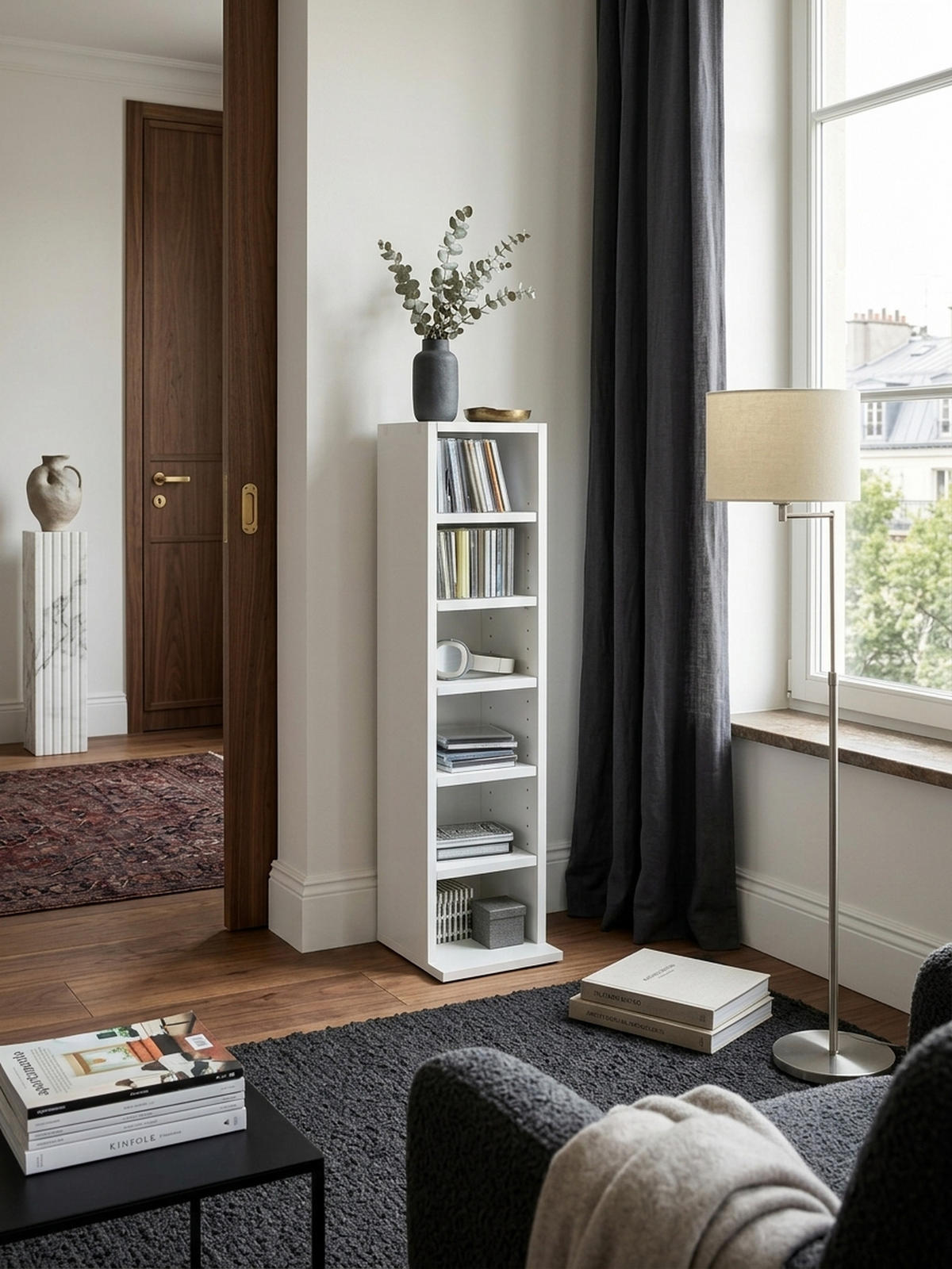 WANDREGAL – 6 Fächer, weiß, schmal, freistehend, 21x91x25,5 cm - Weiß, Holz (21/91/20cm) - KADIMA DESIGN