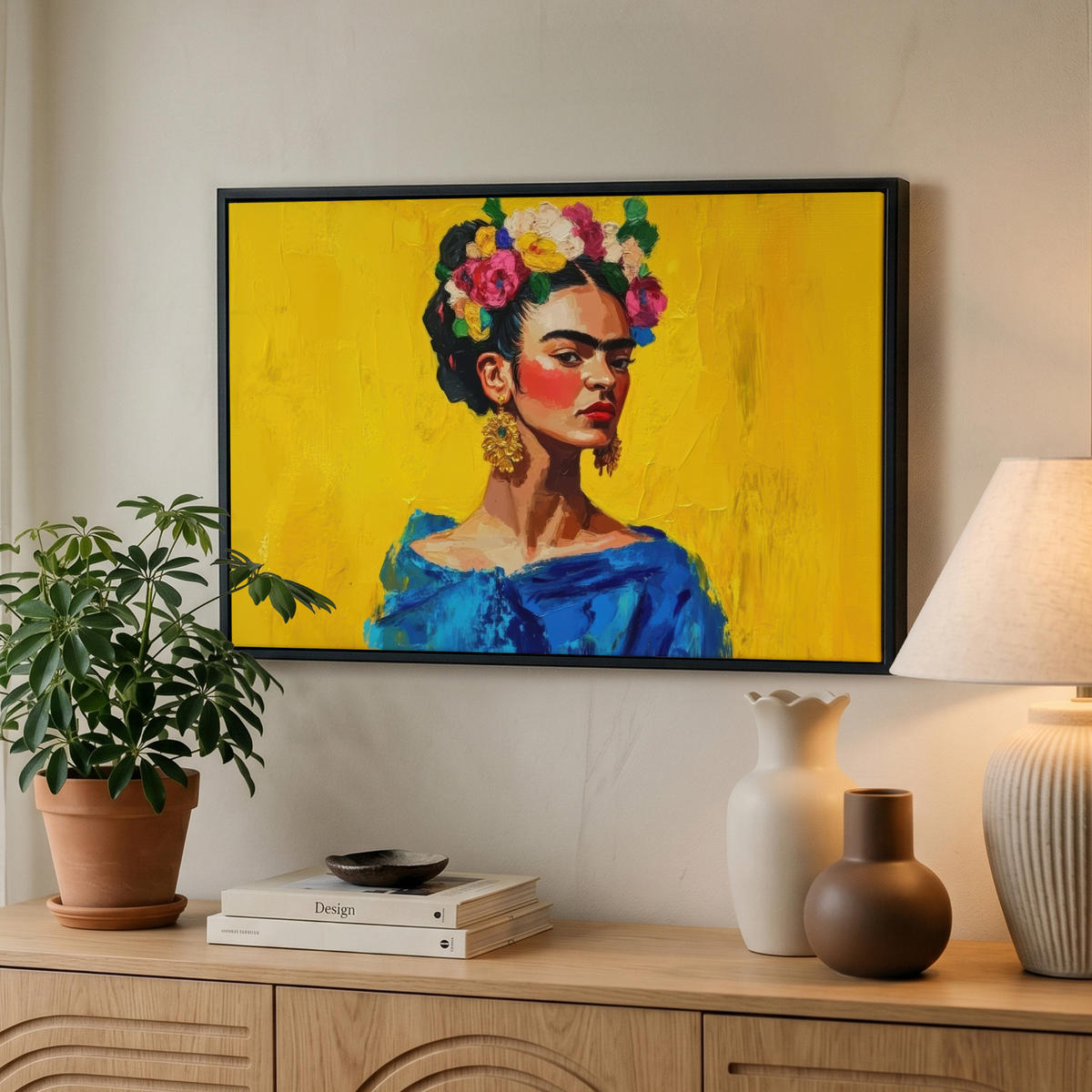 LEINWAND Bilder mit Rahmen - Frida Kahlo - Frau - Gelb - Blau - Blumen - 60x40 - Gelb, Textil (60/40cm) - MuchoWow