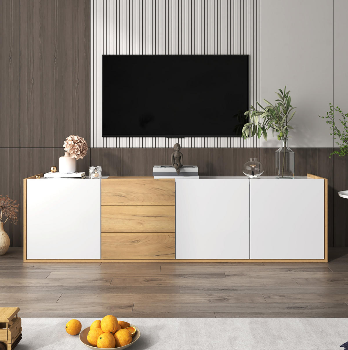 LOWBOARD 171.5/35/47 cm in Weiß/Holzfarbe aus MDF mit 3 Türen und 3 Schubladen - Weiß, Holzwerkstoff (35/47/171.5cm) - OKMYHOME