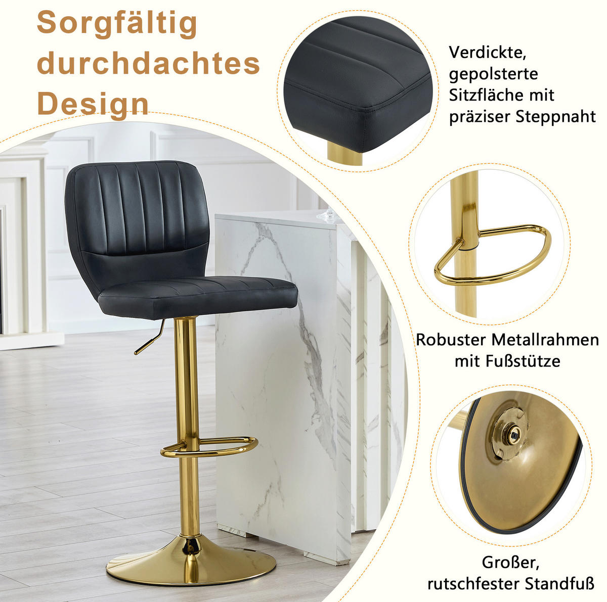 BARHOCKER höhenverstellbar 360° drehbar 52 x 45 x 93-114 cm Gold/Schwarz - Goldfarben, Metall (45/114/52cm) - Meubliv