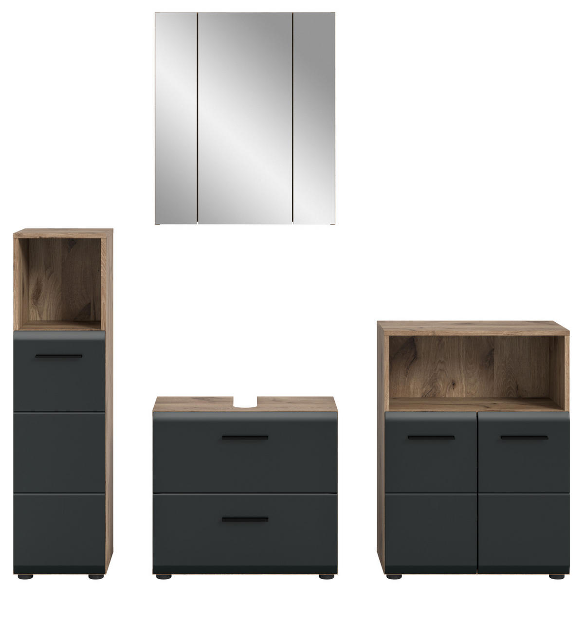 BADMÖBEL-SET 4-teilig in schwarz matt und Eiche Badezimmer mit viel Stauraum, 180 x 185 cm - Eichefarben/Schwarz, Glas/Holzwerkstoff (180/185/30cm) - Inn.Furn