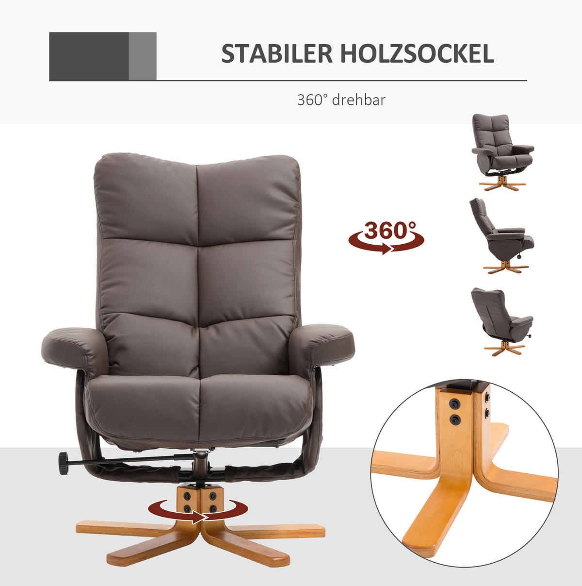RELAXSESSEL 80/86/99 cm in Braun mit Hocker, Liegefunktion und Stauraum - Braun, Holz (86/99/80cm) - Flora Grace