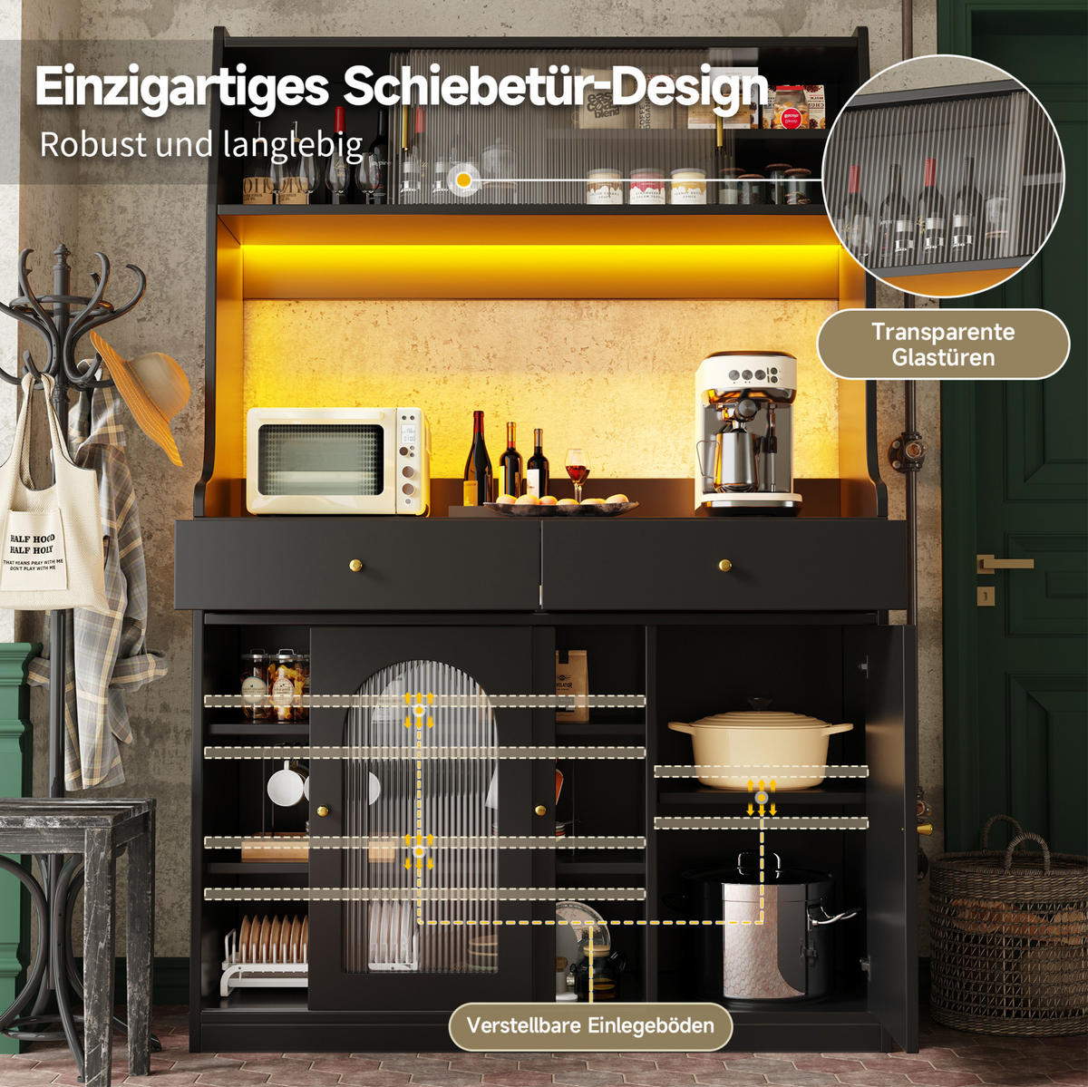 ANRICHTE 120/40/180 cm in Schwarz mit LED-Beleuchtung und 2 Schubladen - Schwarz, Holzwerkstoff (120/180/40cm) - Flora Grace