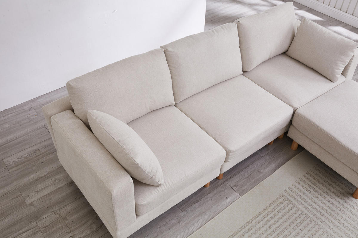 ECKSOFA 235/152/78 cm 3-Sitzer mit Hocker Beige aus Polyester mit links oder rechts montierbarer Chaiselongue - Beige, Kunststoff (152/235cm) - OKMYHOME