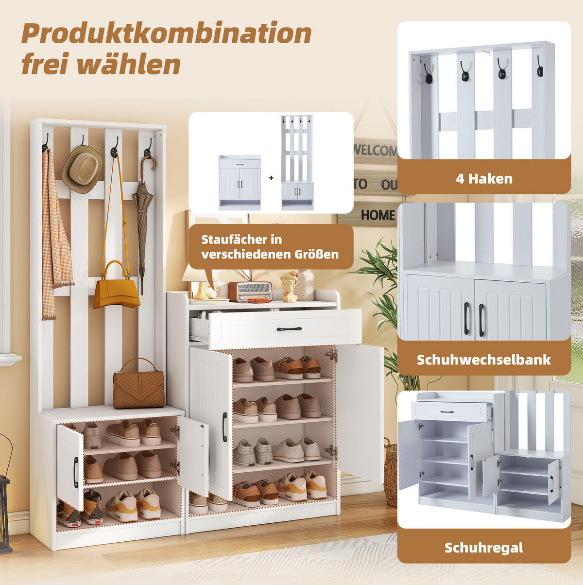 GARDEROBENSET 140/32/180 cm aus Spanplatte mit Schuhschrank, Bank und 4 Haken, Weiß - Weiß, Holzwerkstoff (140.6/180/30.5cm) - Redom