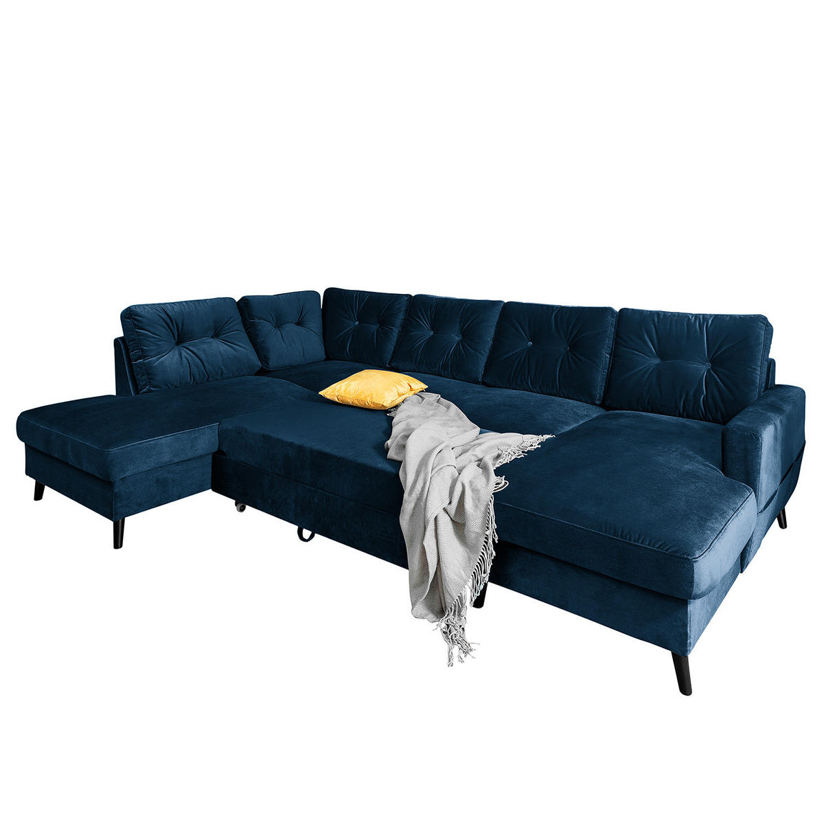 WOHNLANDSCHAFT mit Longchair - Schwarz/Dunkelblau, Buchenholz/Textil (297/90/200cm) - home24