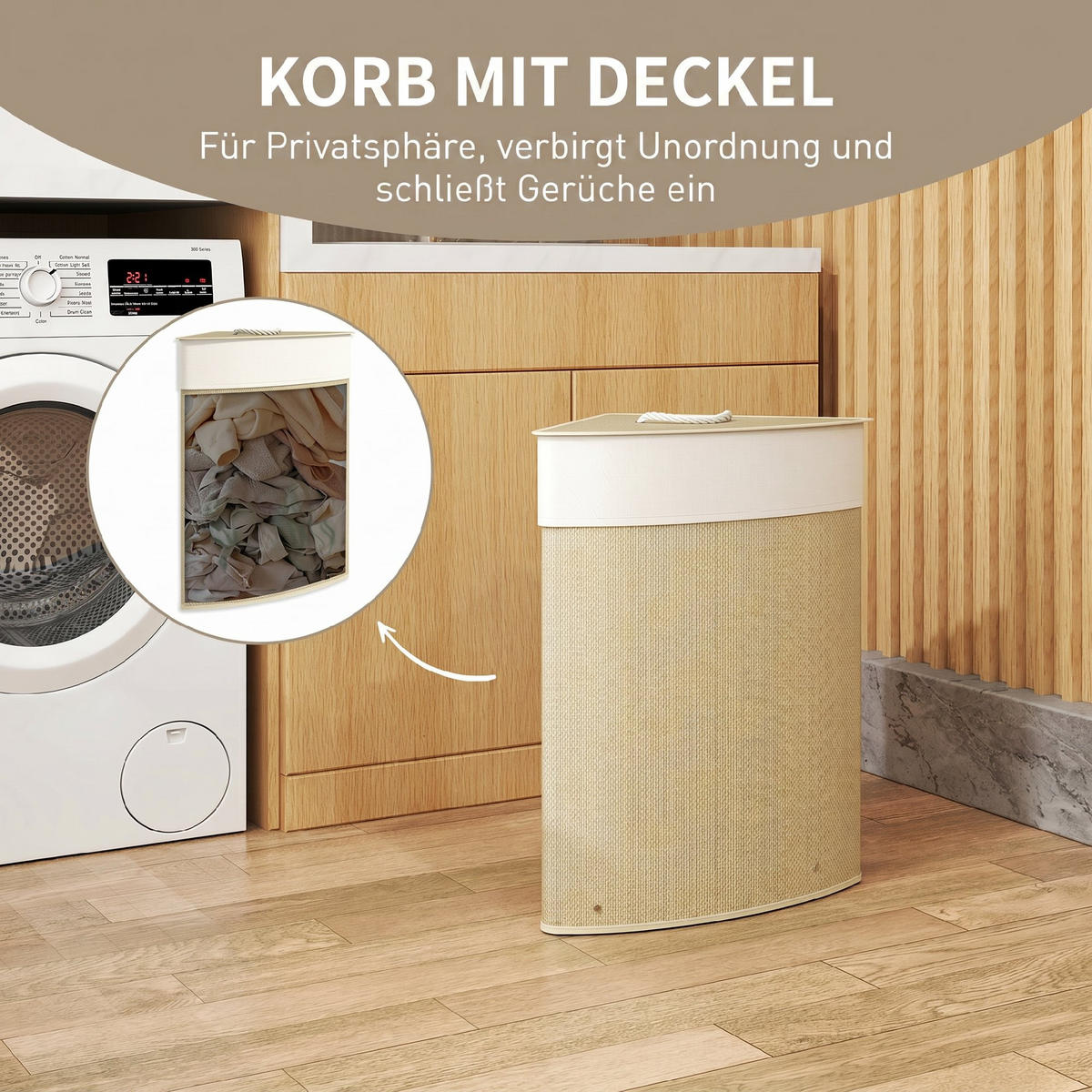 WÄSCHEKORB Bambus Cremeweiß - Creme, Holz/Textil (35/60/35cm) - HOMCOM