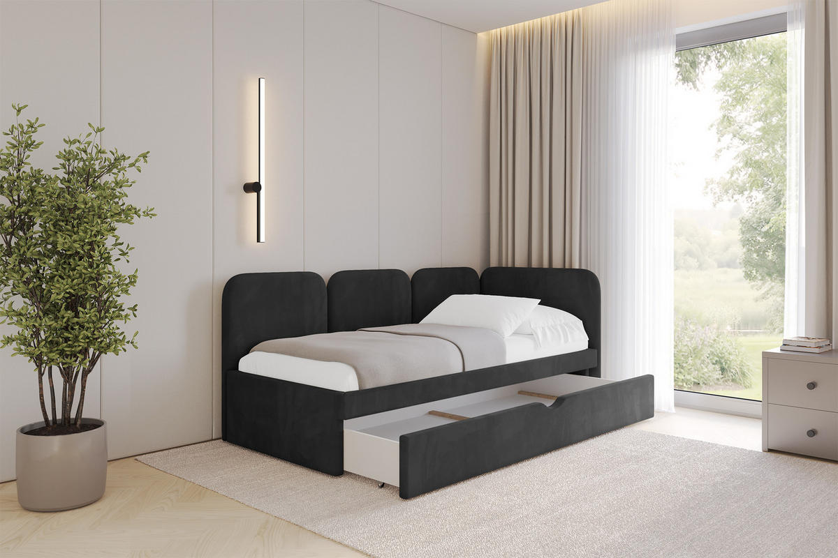 EINZELLBETT Jugendbett mit Bettkasten, Links - ALVY 100x200 Schwarz - Schwarz, Holzwerkstoff/Textil (100/200cm) - ALTDECOR