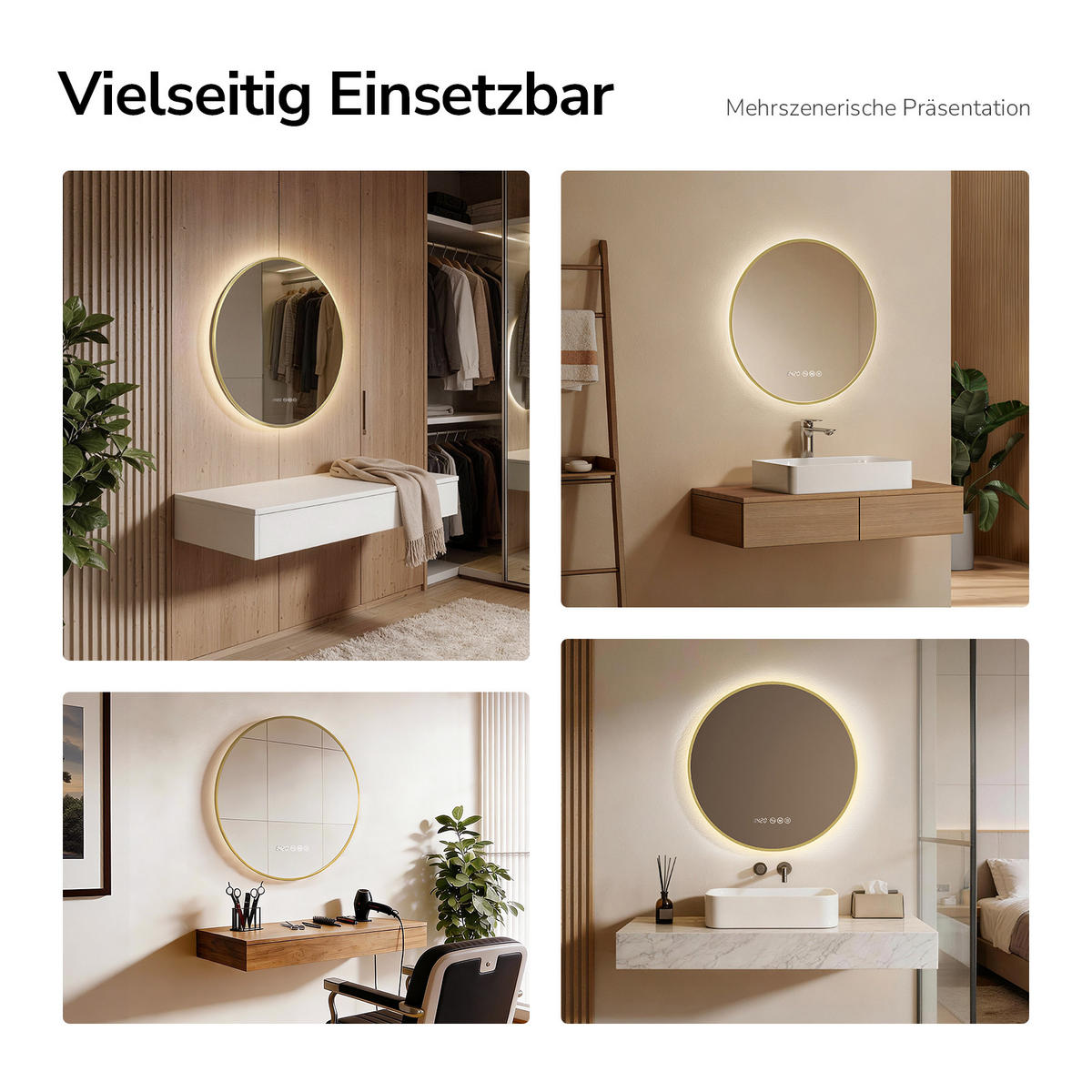 BADSPIEGEL mit LED-Beleuchtung, Anti-Beschlag-Funktion und Uhrzeitanzeige, Goldfarben, Ø 80 cm - Goldfarben, Glas (80/80/3cm) - EMKE