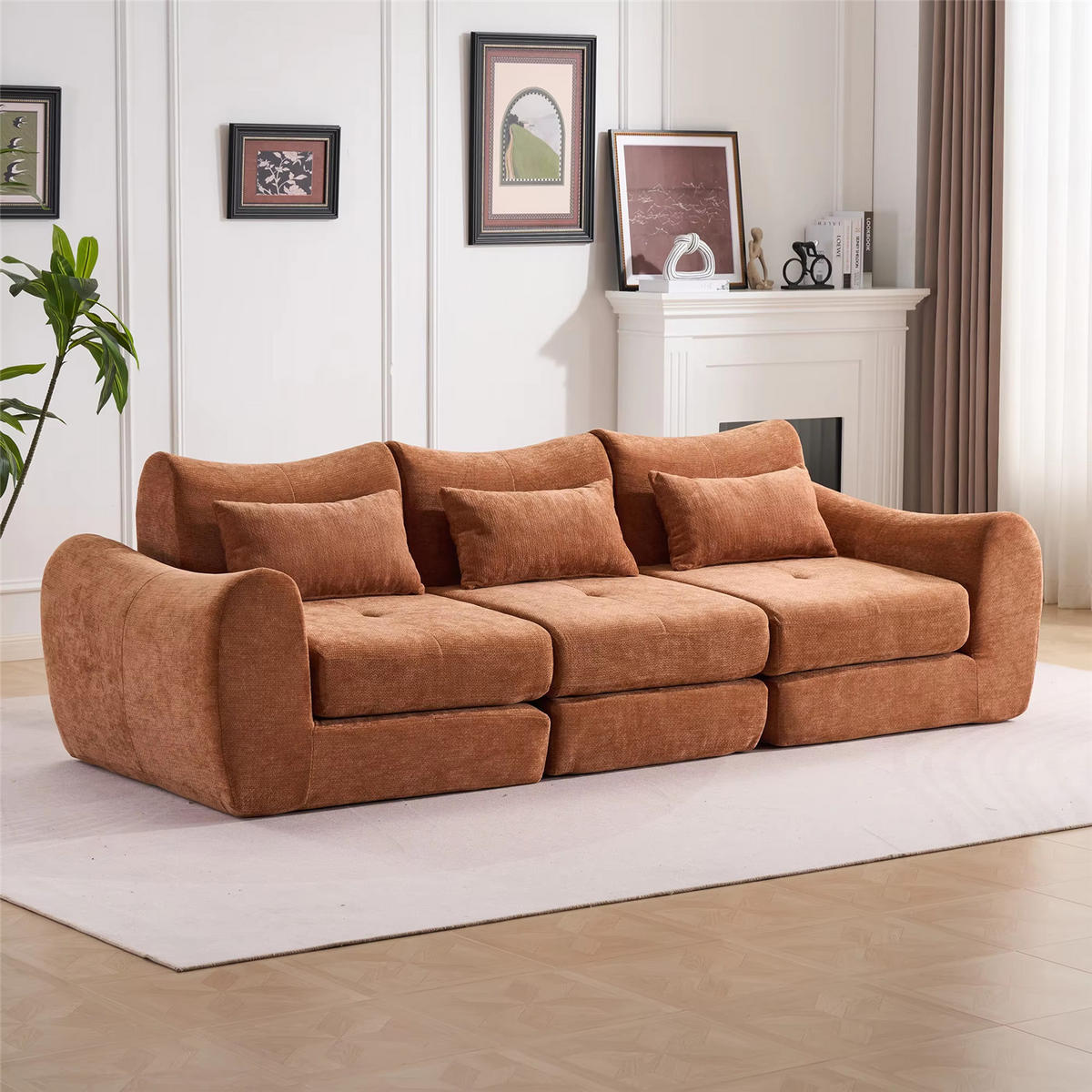 SCHLAFSOFA 3-Sitzer Chenille, Bequemes Kompressionssofa, Orange - Orange, Textil (262/78/97cm) - Kaket