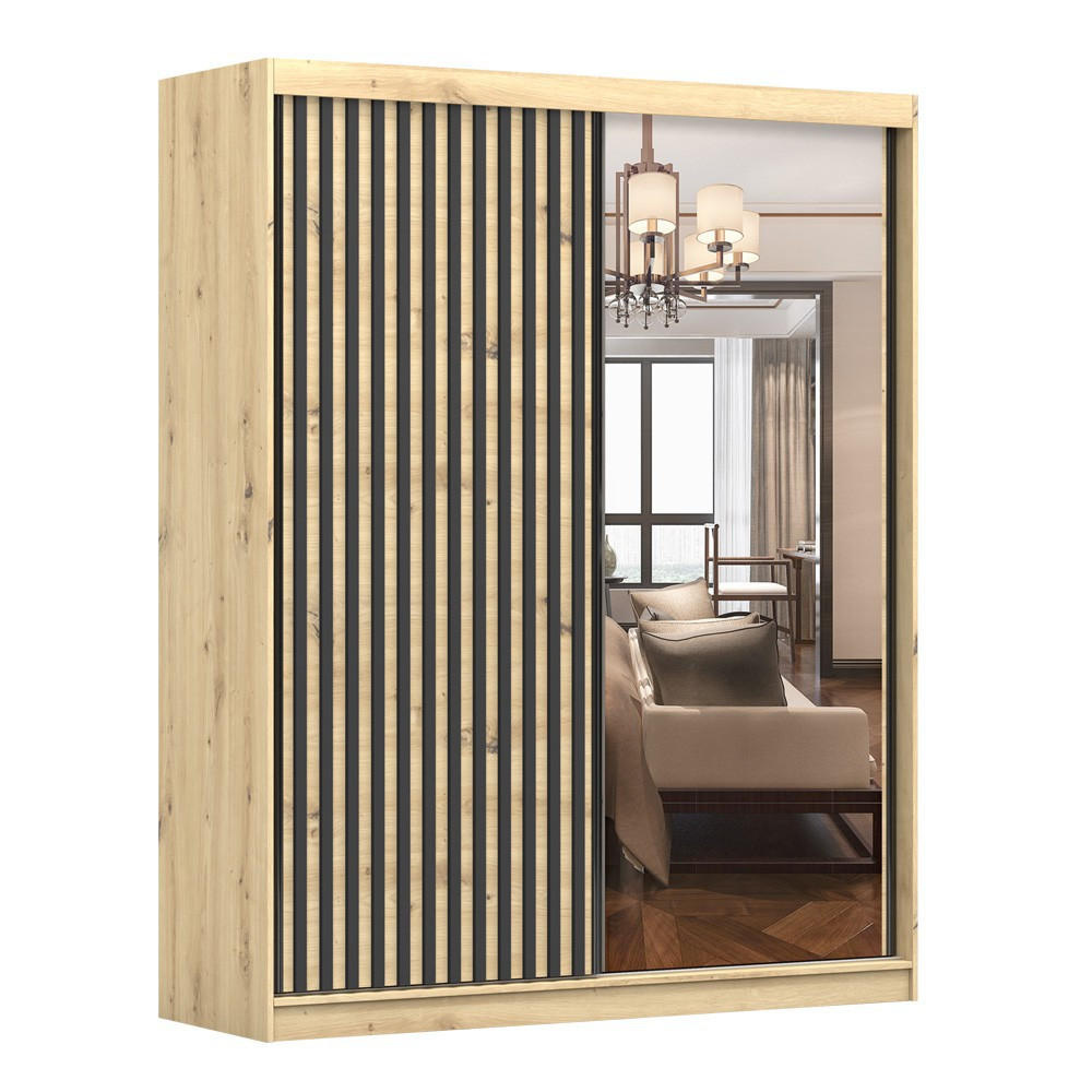 SCHWEBETÜRENSCHRANK Werona 2D mit Spiegel Artisan Eiche 183 cm - Schwarz/Eiche Artisan, Holzwerkstoff/Metall (183/218/61cm) - imoebel24