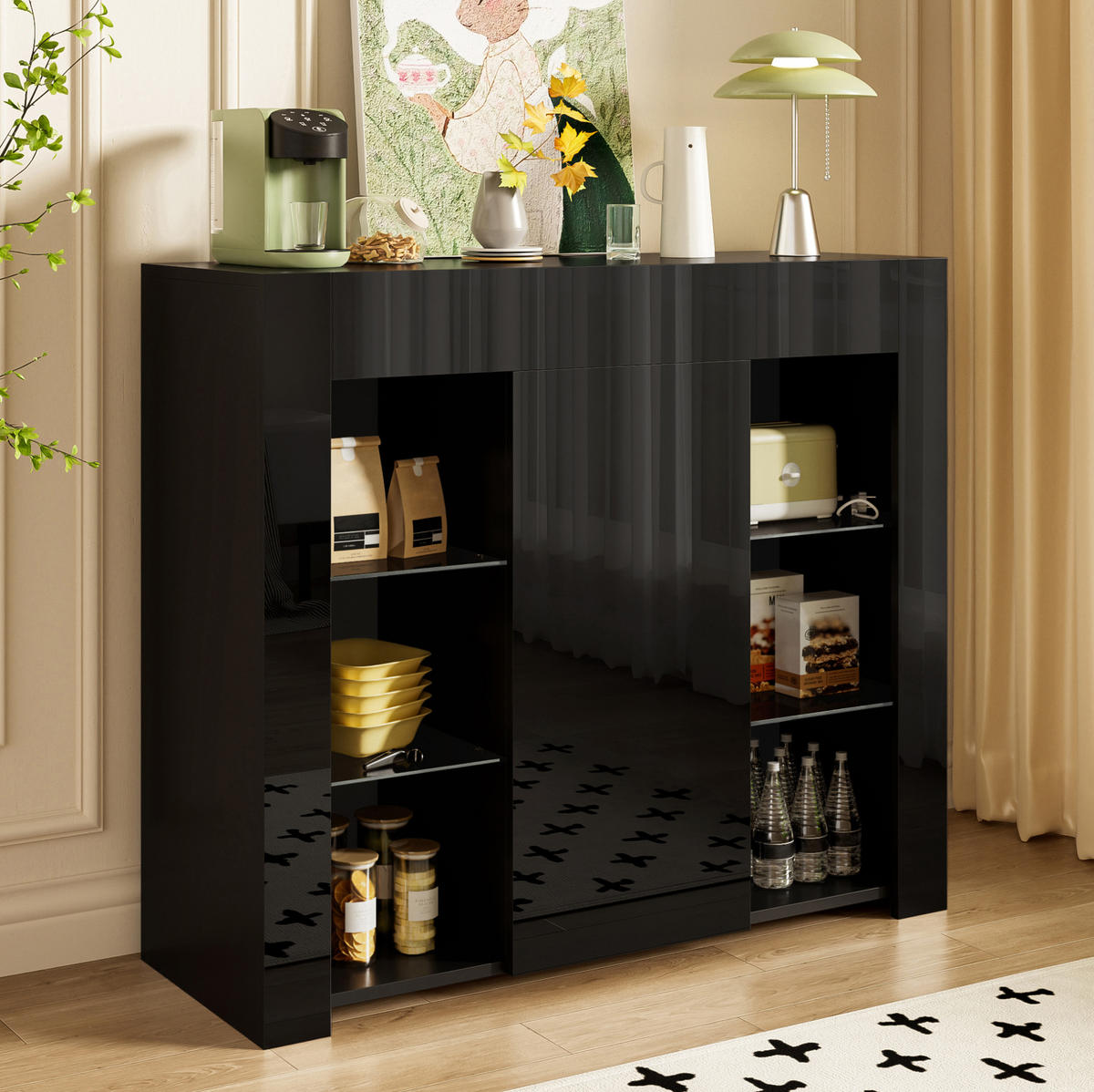 SIDEBOARD 95/35/83 cm in Schwarz mit Hochglanz-Front und Glasregalen - Schwarz, Holzwerkstoff (95/83/35cm) - Flora Grace