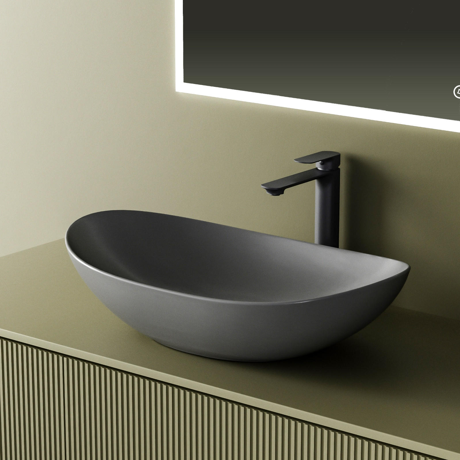 WASCHBECKEN Oval Keramik Mattgrau 61.5 /36/15.5 cm - Grau, Keramik (36/15.5/61.5cm) - EMKE