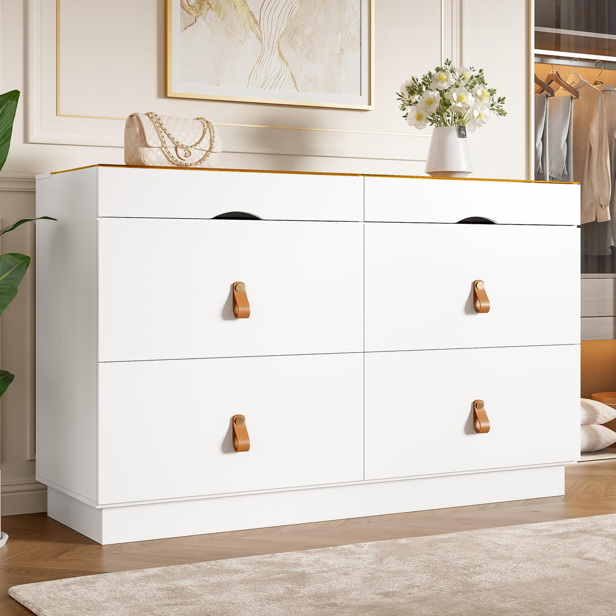 SIDEBOARD aus Glas und Spanplatte 120x40x78 cm Weiß mit 6 Schubladen, Facheinteilung und Kippsicherung - Weiß, Glas (120/78/40cm) - Modfu