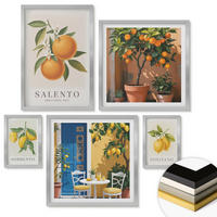 WANDBILDER 5er Set - 50x50 cm & 20x30 cm & 40x60 cm Silberner Rahmen - Zitronenorange Blütenmuster - Silberfarben, Kunststoff (40/60cm) - ArtPrintCave