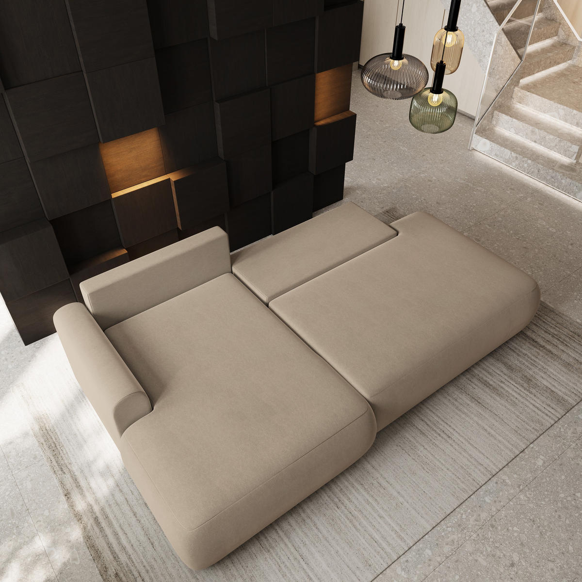 ECKSOFA NUVIRA CL L-S Beige Samtstoff mit Schlaffunktion - Beige, Holzwerkstoff/Textil (279/158cm) - MASSENO
