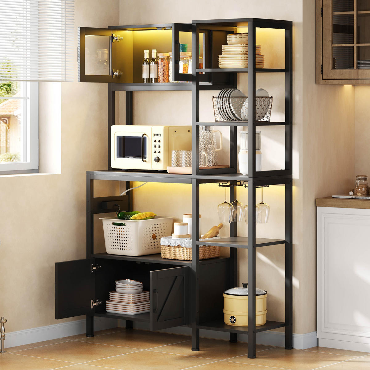 BUFFET 115/40/180 cm Schwarz mit LED-Lichtern, Barregal, Aufbewahrungsfunktion und Weinglashalter - Schwarz, Holz (115/180/40cm) - Oxeza