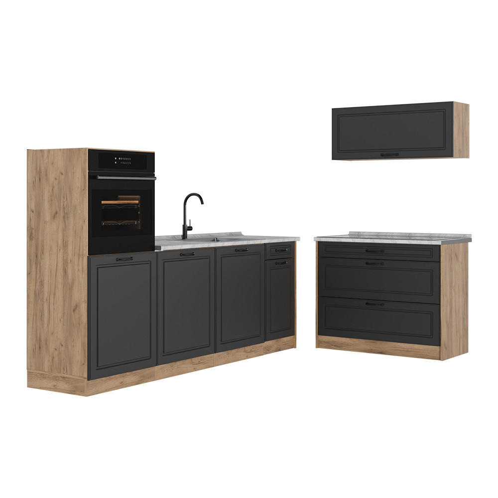 KÜCHENZEILE R-Line, Anthrazit Landhaus/Goldkraft Eiche, 220 cm Arbeitsplatte Marmor - Eichefarben/Anthrazit, Holzwerkstoff (220/143/60cm) - Vicco