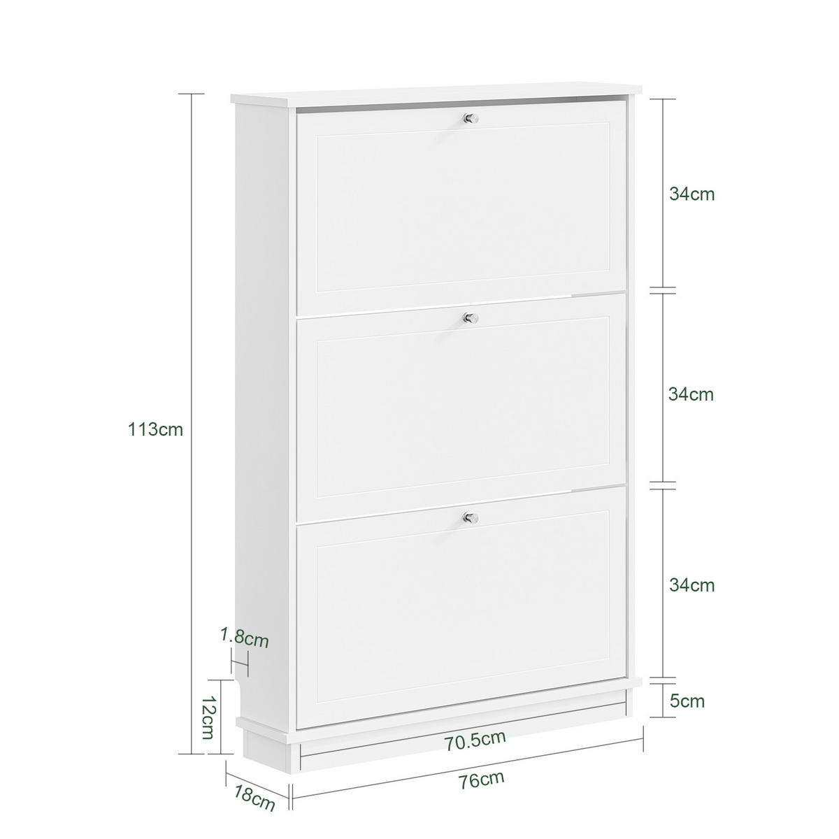 SCHUHSCHRANK schmal mit 3 Klappen, Weiß 76x18x113cm - Weiß, Holzwerkstoff (18/113/76cm) - SoBuy