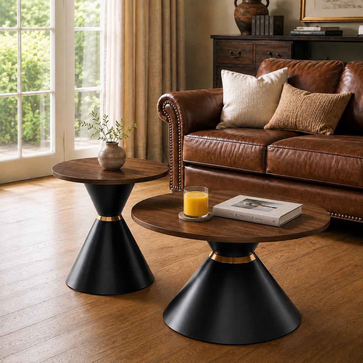 COUCHTISCH-SET DE-37439 2er-Set konusförmig mit Walnussoptik Schwarz - Walnussfarben, Metall (50/50/50.5cm) - ComfortXL