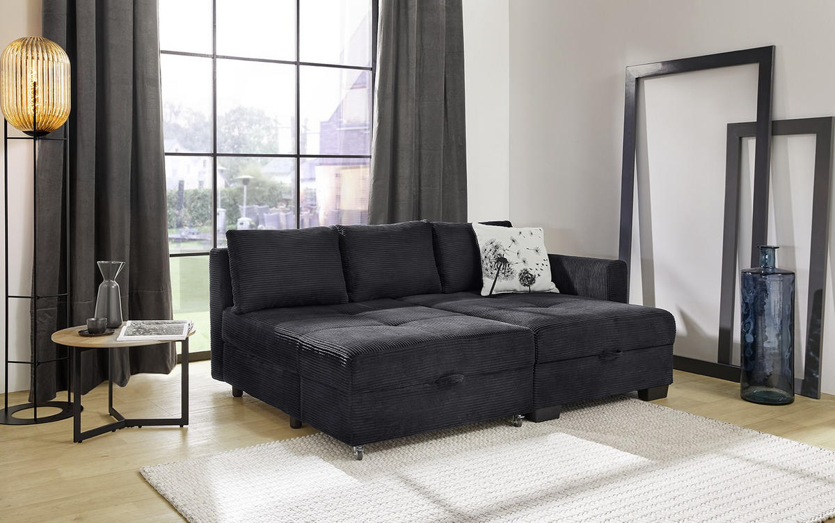 ECKSOFA Doppelbett mit Bettkasten, seitenverkehrt montierbar B247/T155/H87 cm, Liegefläche 183x207 cm, Cord Schwarz / 15216 - Schwarz, Kunststoff/Textil (247/155cm) - luma-home