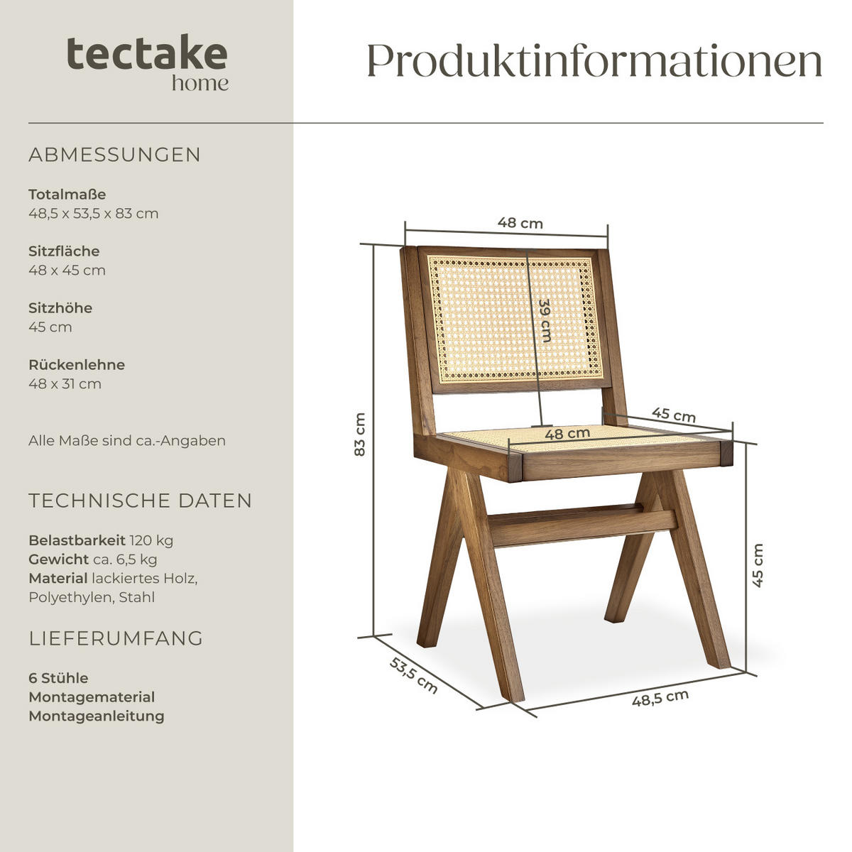HOLZSTUHL 6er Set Lissy,48,5 x 53,5 x 83 cm, Belastbarkeit 120 kg,Eiche hell - Eichefarben, Holz (48.5/83/53.5cm) - tectake