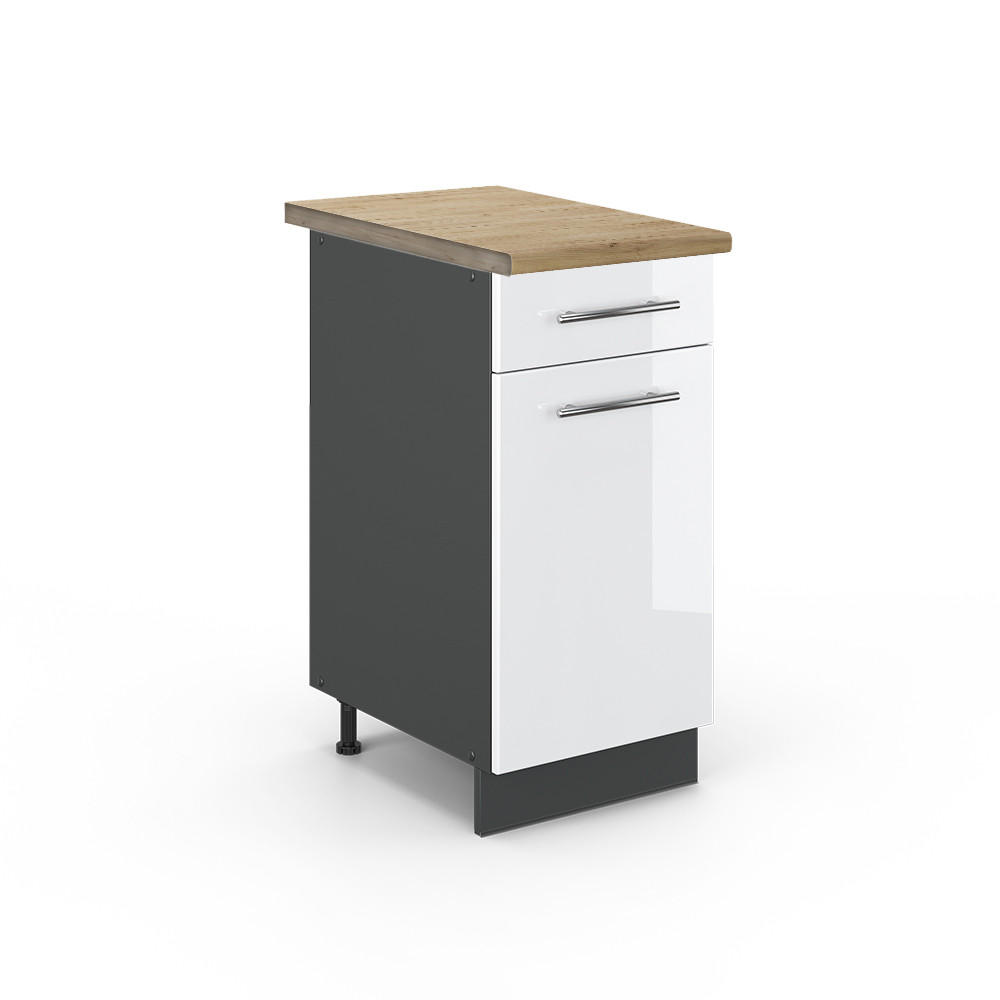 KÜCHENUNTERSCHRANK Fame-Line Weiß Hochglanz 40 cm, AP Eiche - Weiß Hochglanz/Anthrazit, Holzwerkstoff (40/82/60cm) - Vicco