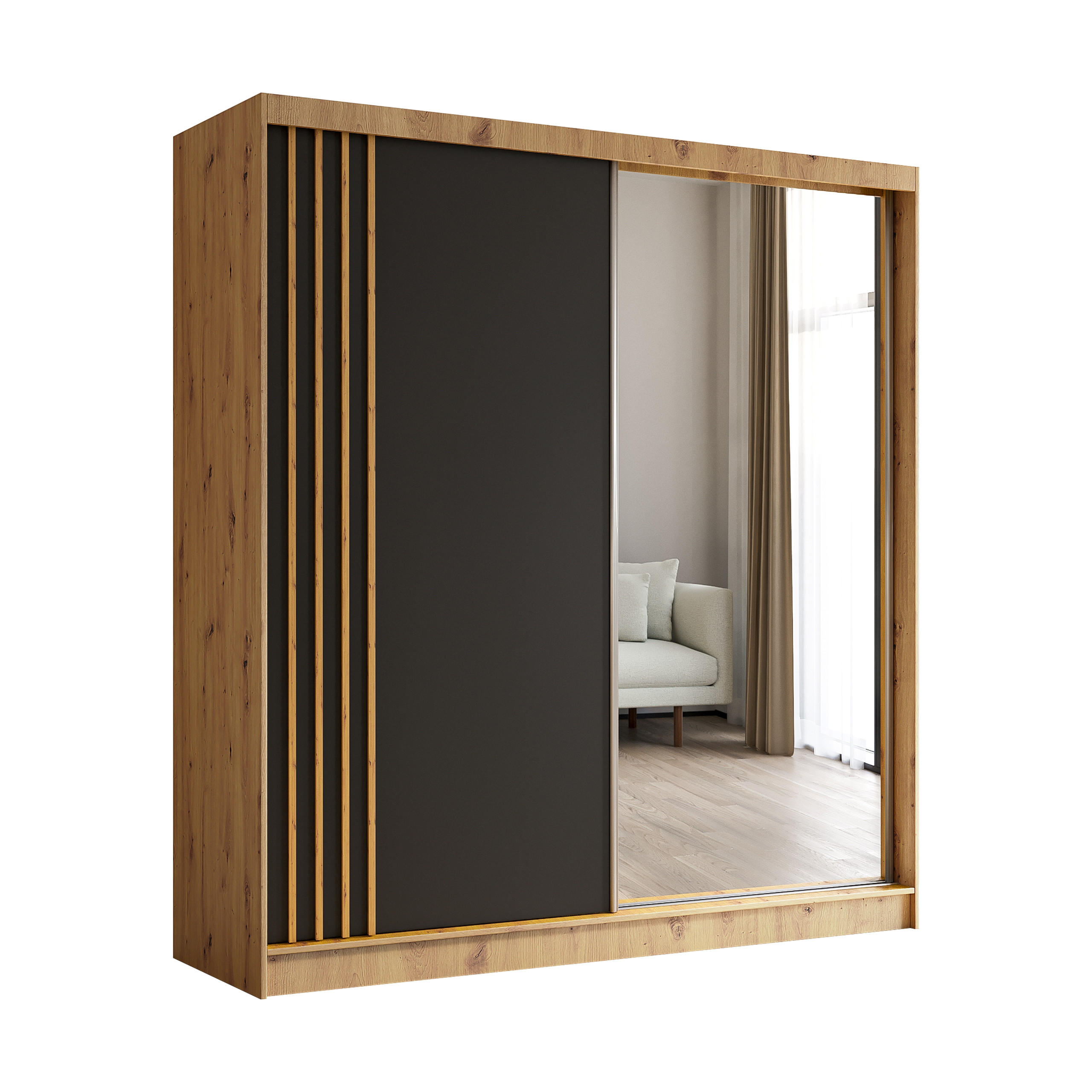 SCHWEBETÜRENSCHRANK NELVIA 200/216/61 cm 2-türig mit Spiegel Eiche Artisan - Schwarz/Eiche Artisan, Holzwerkstoff (200/216/61cm) - MASSENO