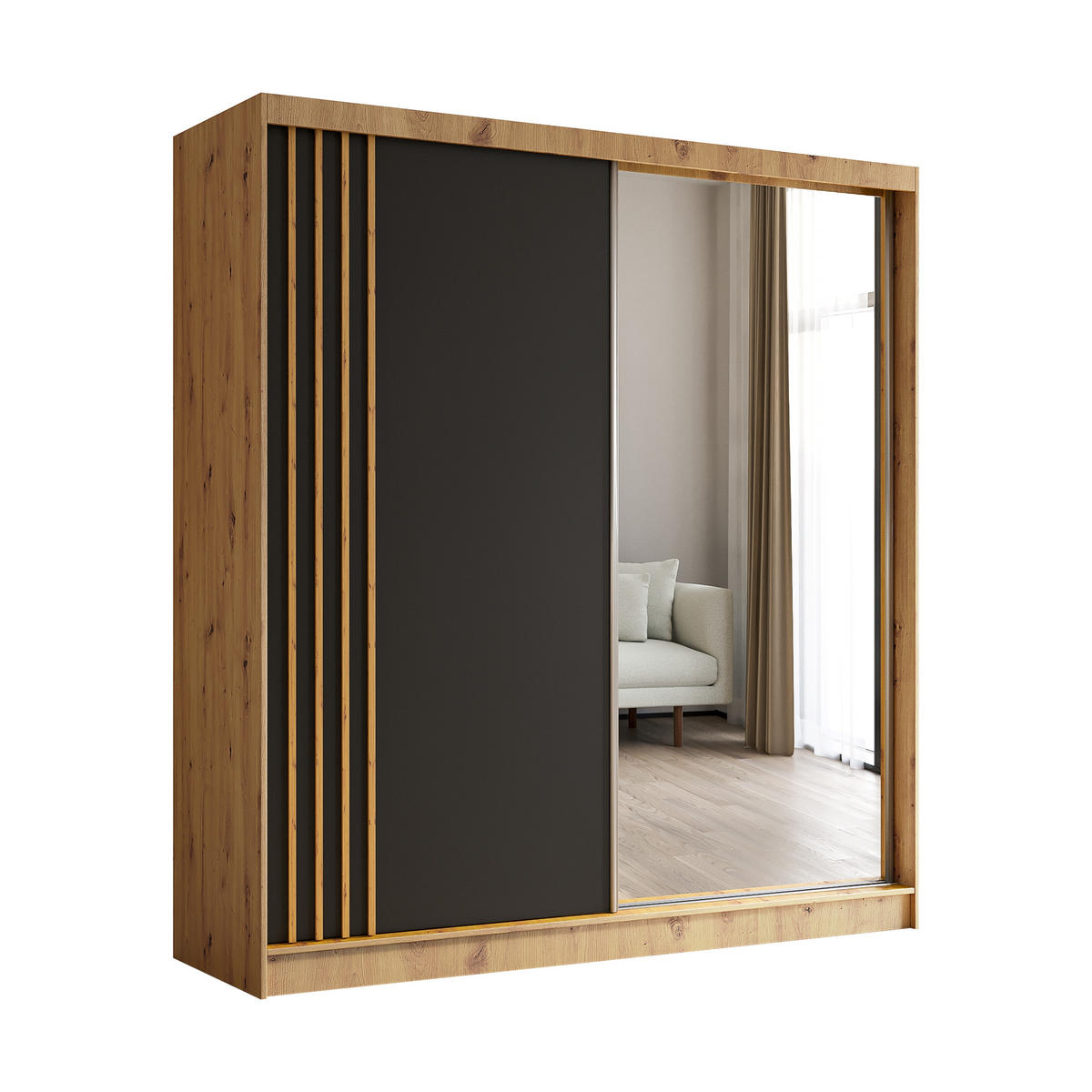 SCHWEBETÜRENSCHRANK NELVIA 200/216/61 cm 2-türig mit Spiegel Eiche Artisan - Schwarz/Eiche Artisan, Holzwerkstoff (200/216/61cm) - MASSENO