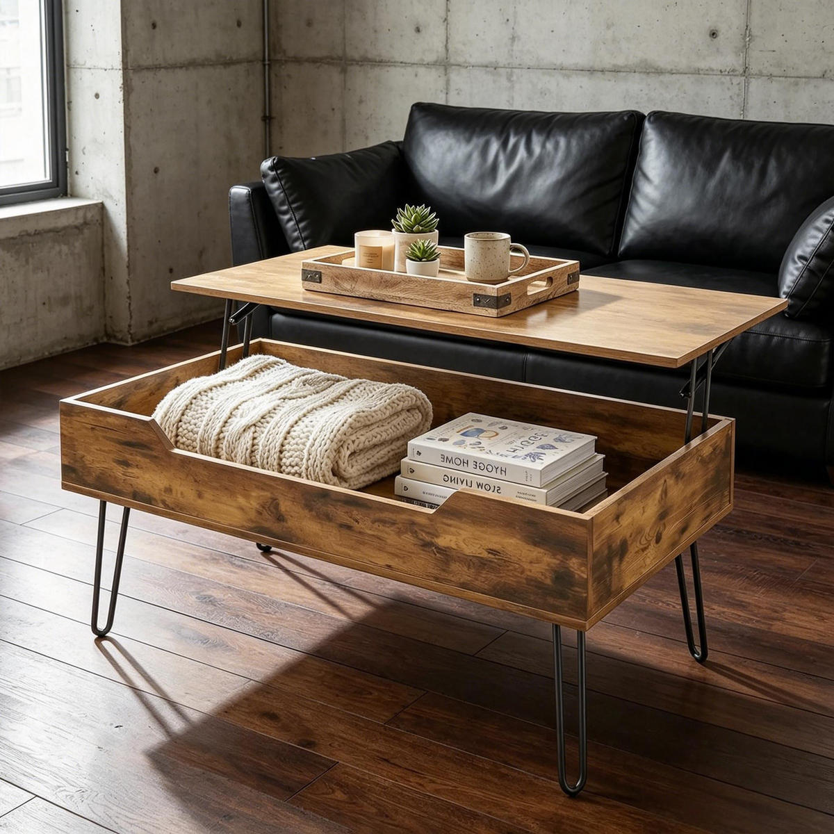 COUCHTISCH DE-37255 Lift-Top mit verstecktem Fach Rustikales Braun/Schwarz - Walnussfarben, Holzwerkstoff (95/50/40cm) - ComfortXL