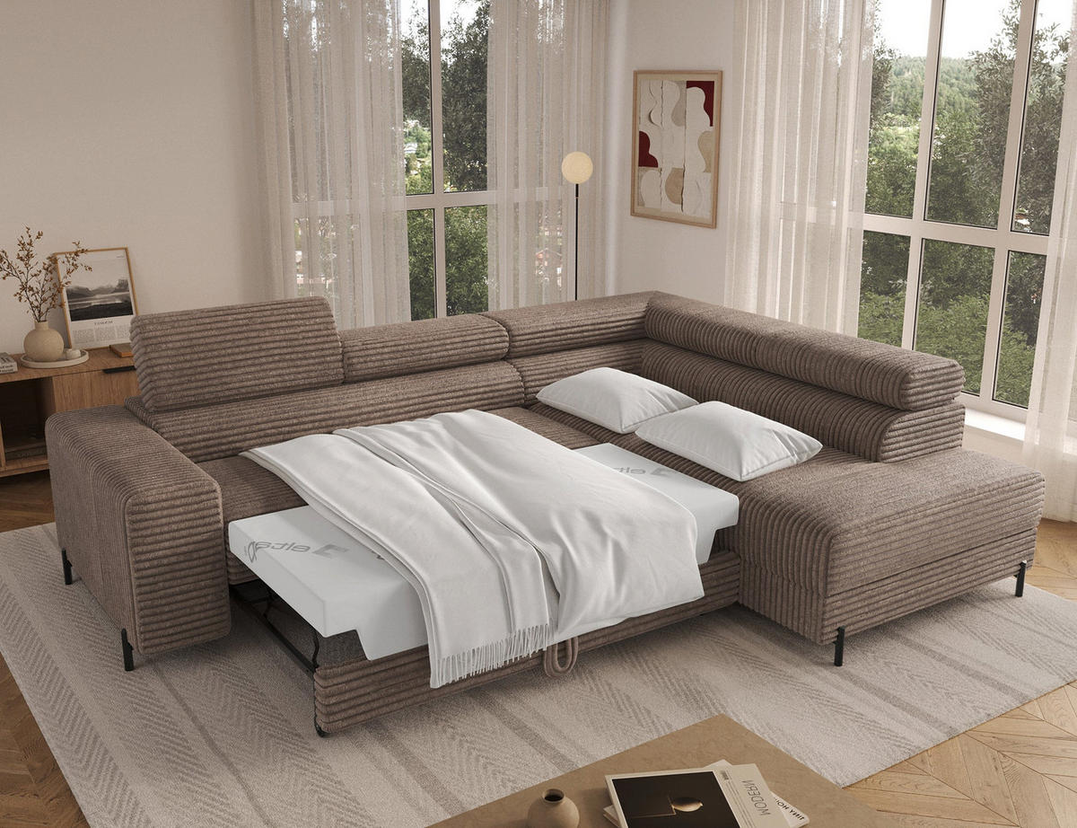 ECKSOFA COLESIO L-Form, Schlaffunktion, Bettkasten, verstellbare Kopfstützen, Wellenfederung, Metallfüße, breiter Cordstoff - Beige/Schwarz, Kunststoff/Metall (204/269cm) - Wohnideebilder