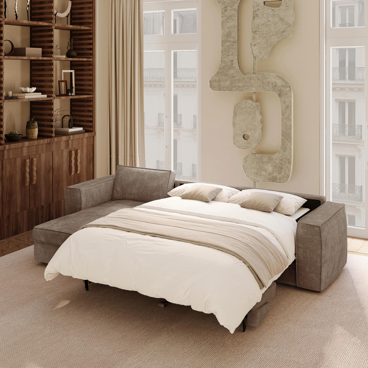 LINKSECK-SCHLAFSOFA MIKA Köpergewebe mit weichem Griff Taupe 292cm - Taupe, Textil (292/100cm) - Premium Interiors
