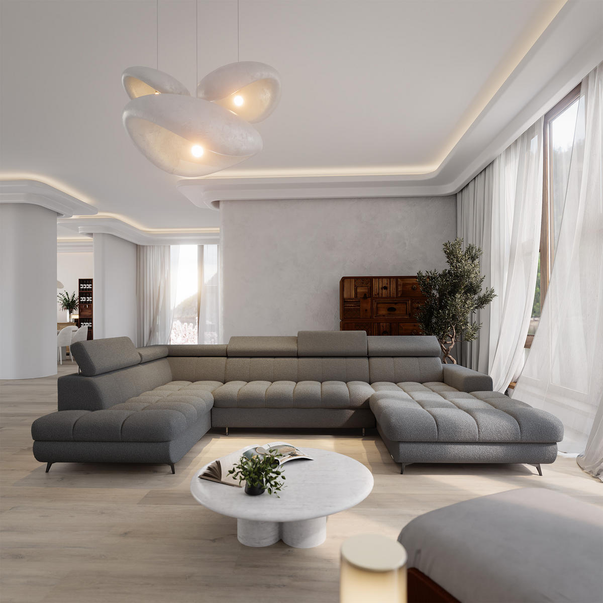 WOHNLANDSCHAFT CORENO Grau Boucle-Stoff mit Schlaffunktion - Grau, Holz (345/88/190cm) - MASSENO