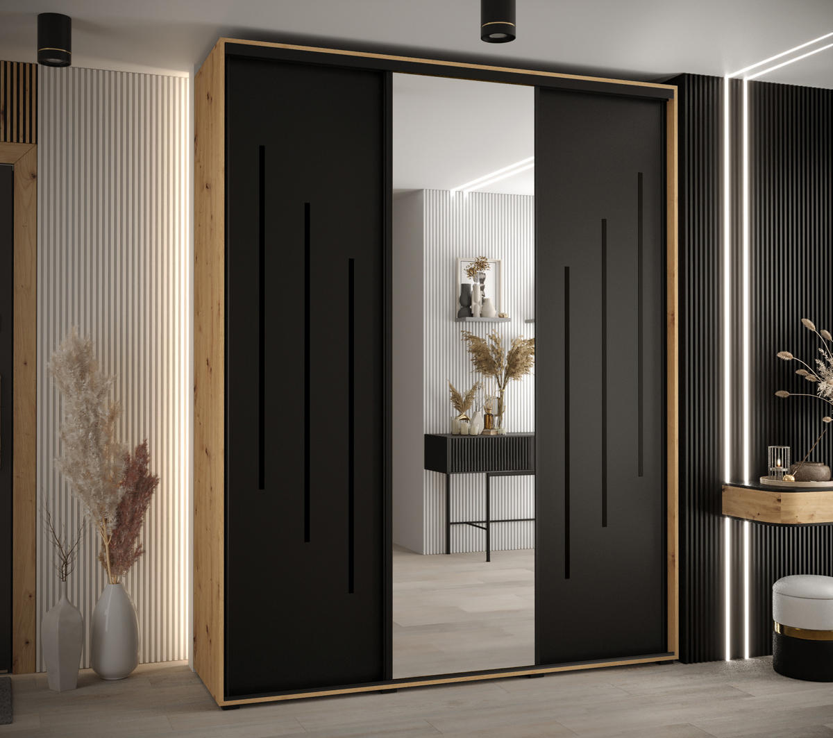 SCHWEBETÜRENSCHRANK 235,2/200/60 3-türig - Schwarz/Eiche Artisan, Holz/Metall (200/235/60cm) - Abiks Möbel