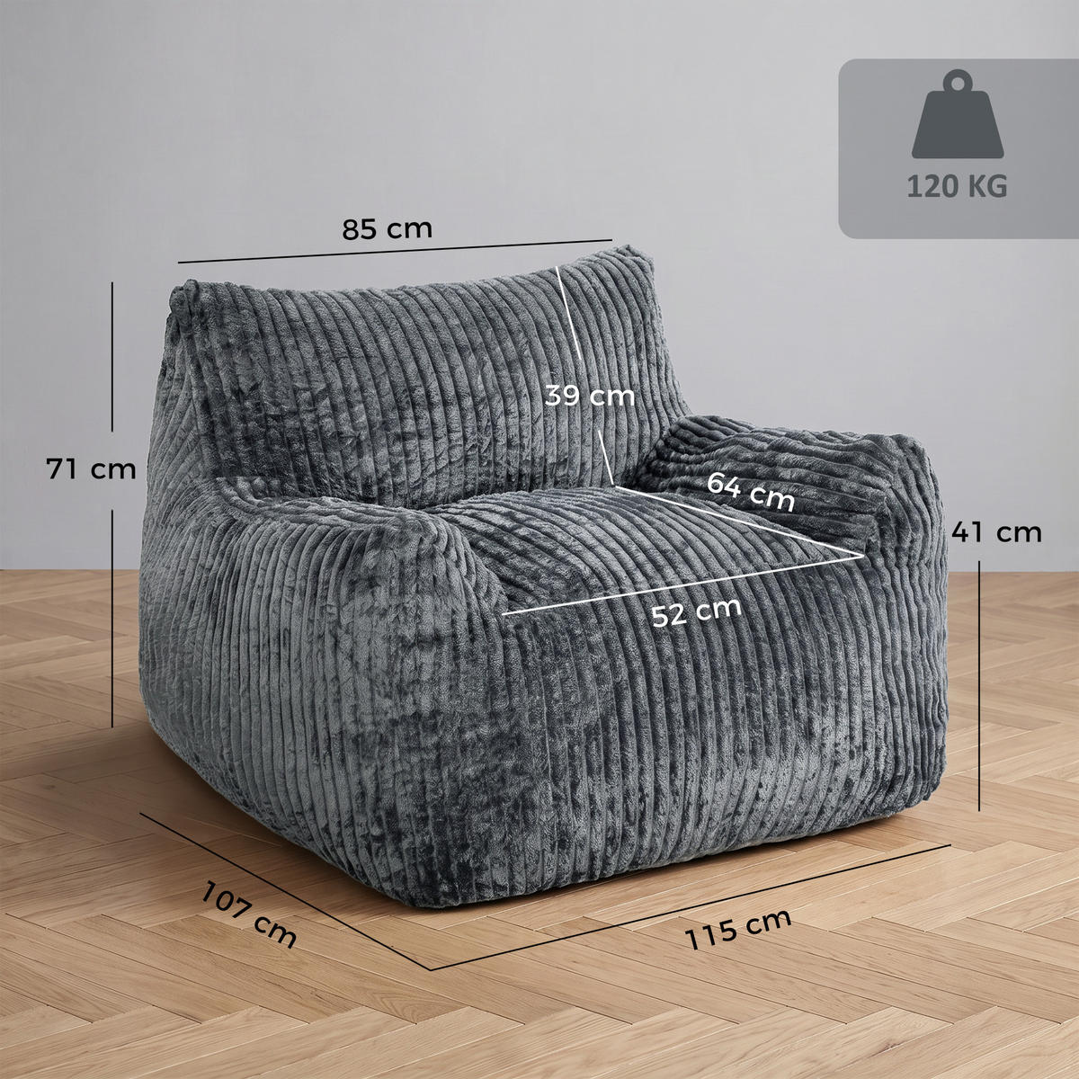 BODENSESSEL Cord Schaumstoff Grau - Grau, Textil (107/71/115cm) - HOMCOM