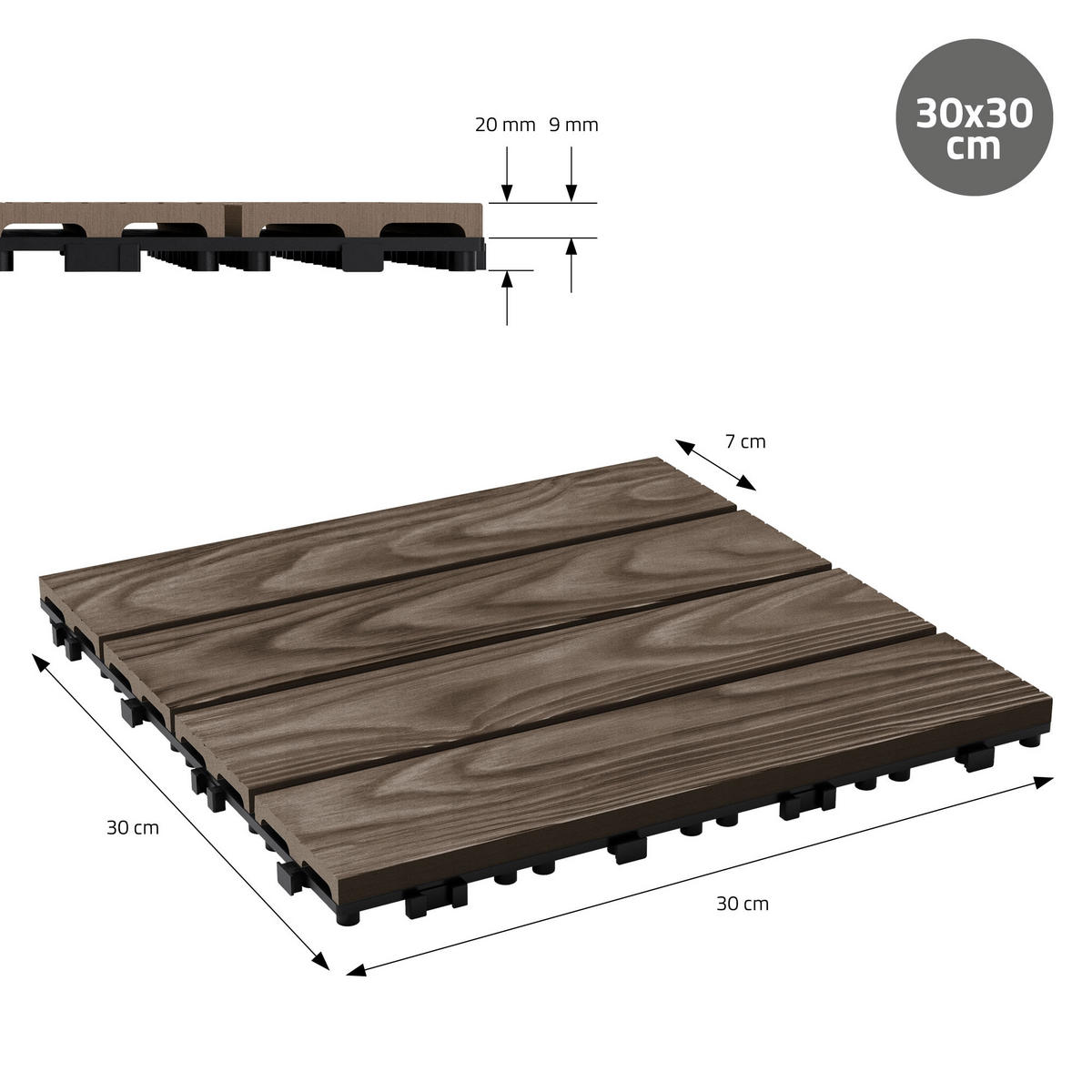 TERRASSENFLIESE Dunkelbraun 22 Stück - Dunkelbraun, Holzwerkstoff (30/30/2.1cm) - ML-DESIGN