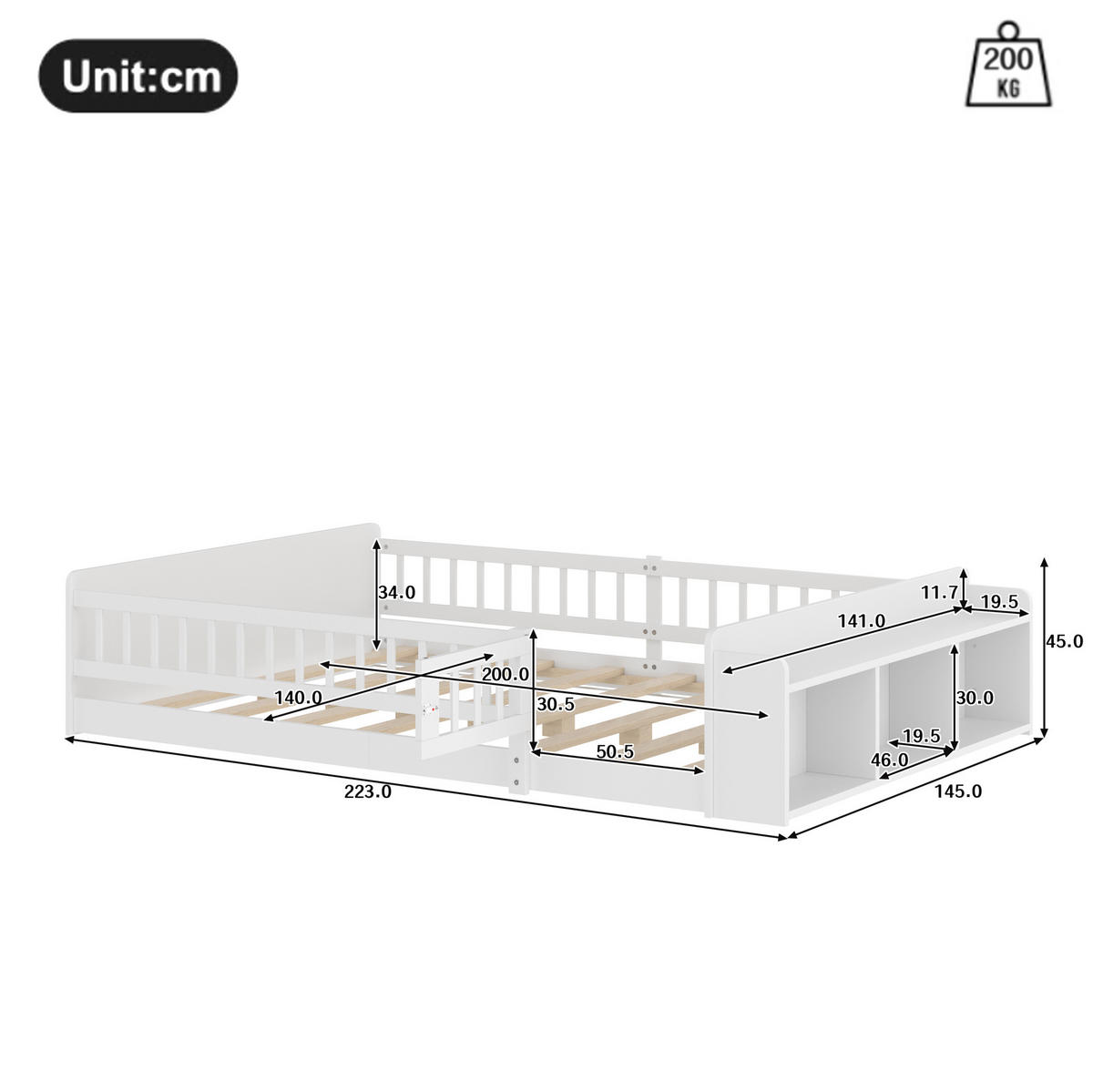 KINDERBETT 140/200 cm mit offenem Stauraum, Regalen und öffnender Zauntür aus Kiefern , Weiß - Weiß, Holzwerkstoff (140/200cm) - Redom
