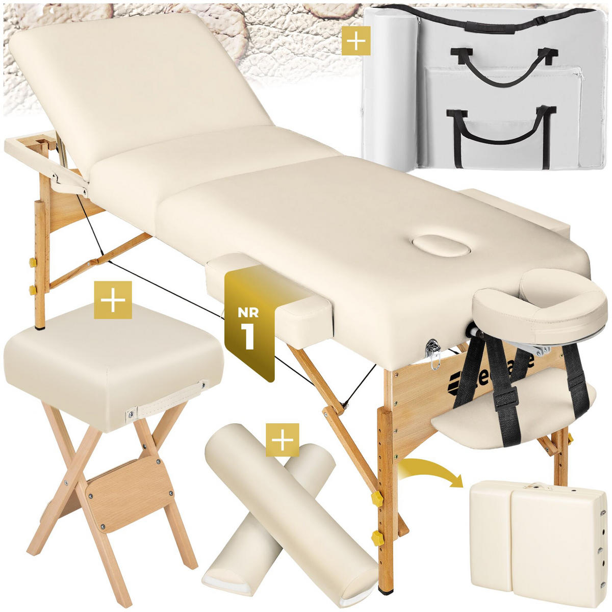 MASSAGELIEGE-SET 3 Zonen, 218 x 102 x 90 cm, beige - Beige, Holz (102/90/218cm) - tectake