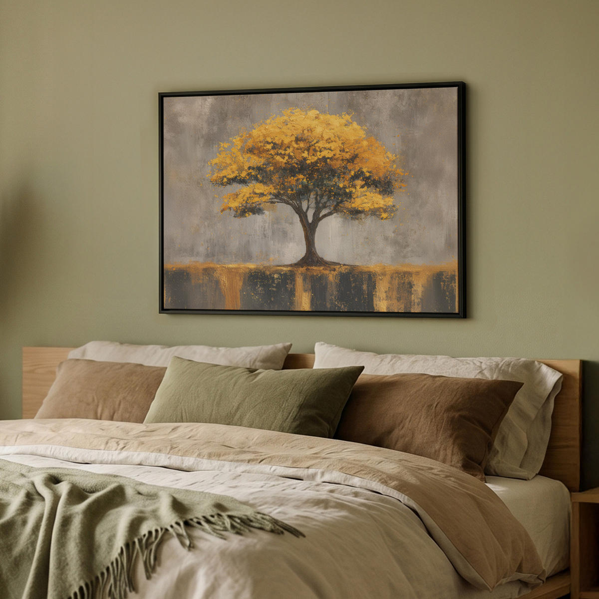 LEINWAND Bilder mit Rahmen - Baum - Blätter - Gold - Abstrakt - 80x60 - Grau, Textil (80/60cm) - MuchoWow
