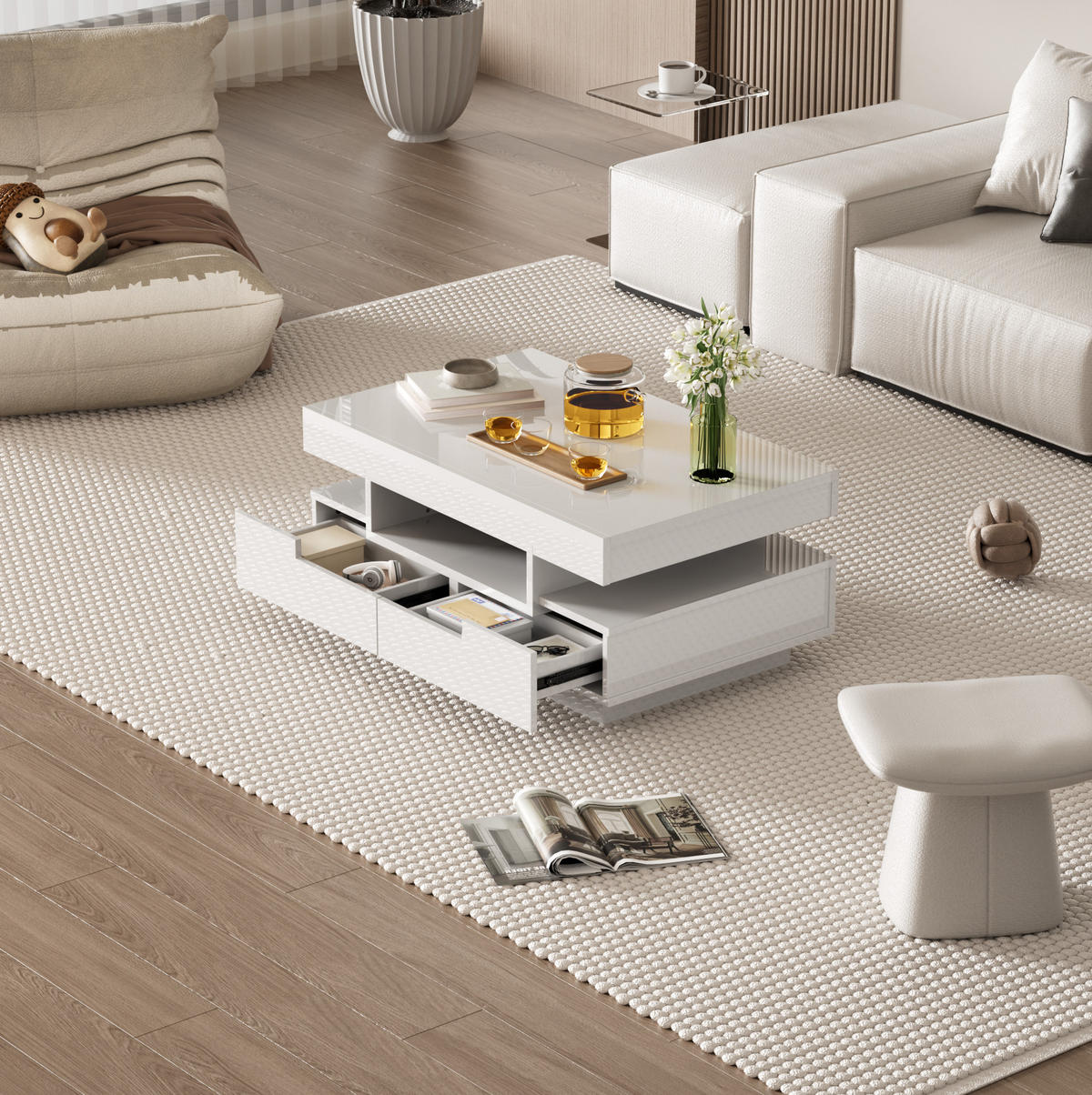 COUCHTISCH mit LED 80x50x36 cm Hochglanz Weiß - Weiß, Holzwerkstoff (80/50/36cm) - Meubliv