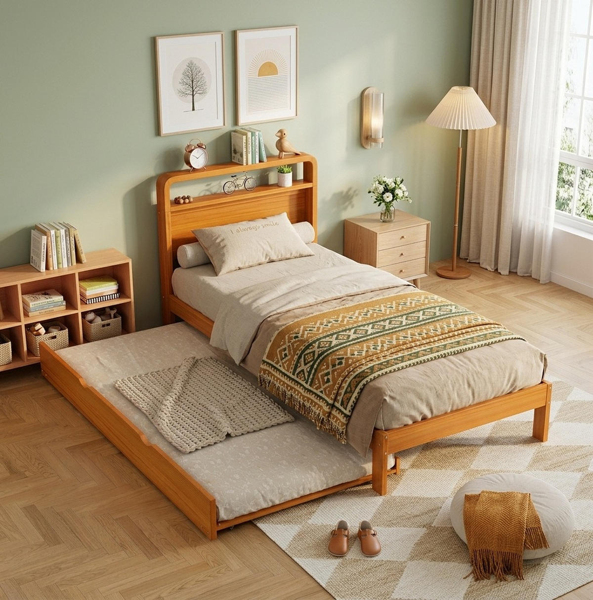 BETT 90/200×190 cm aus Kiefer in Natur mit Gästebett und rundem Kopfteil - Naturfarben, Holz (200/190cm) - Flora Grace