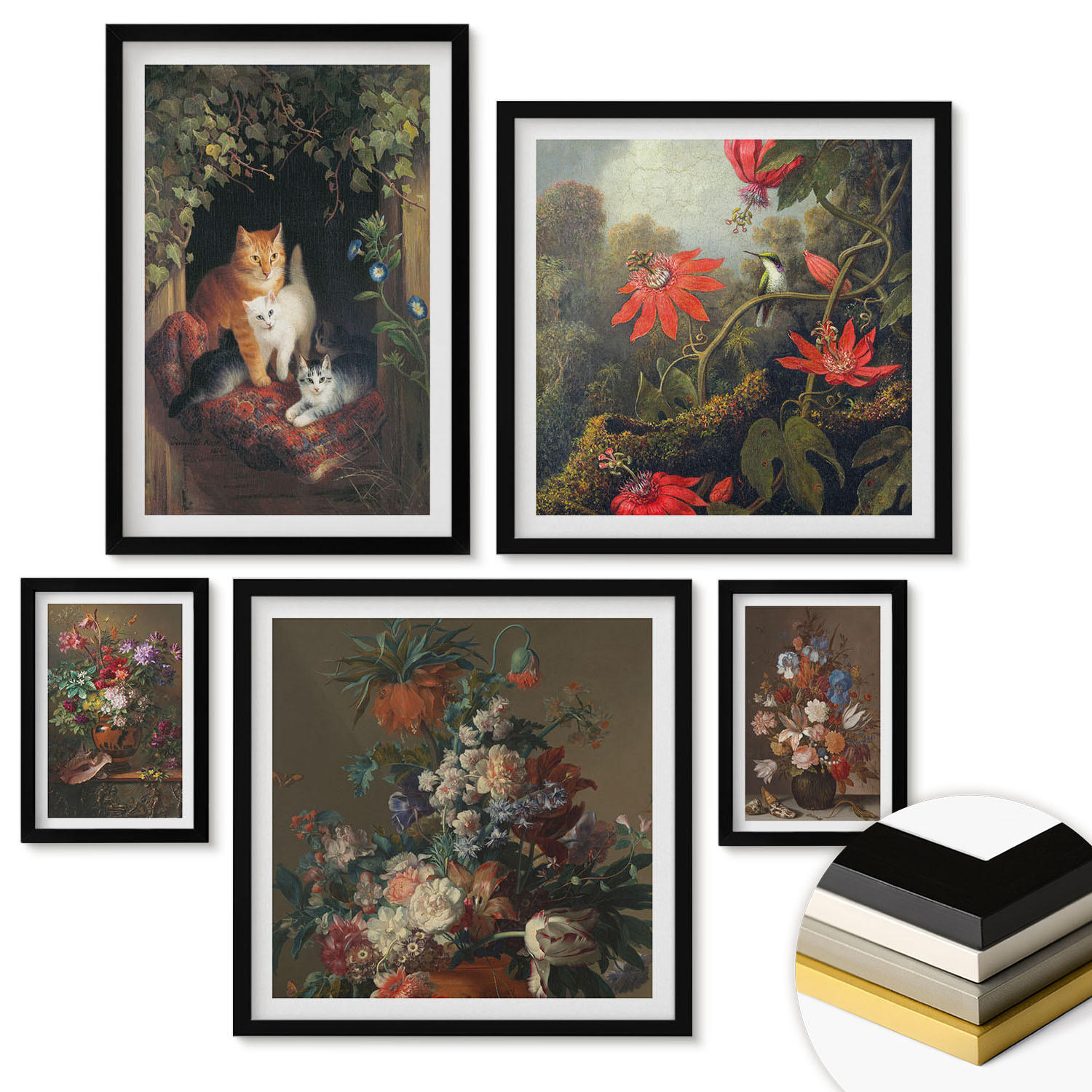 WANDBILDER 5er-Set - 50x50 cm & 20x30 cm & 40x60 cm Schwarzer Rahmen - Vintage-Blumen, Katzen, Pflanzen - Schwarz, Kunststoff (40/60cm) - ArtPrintCave