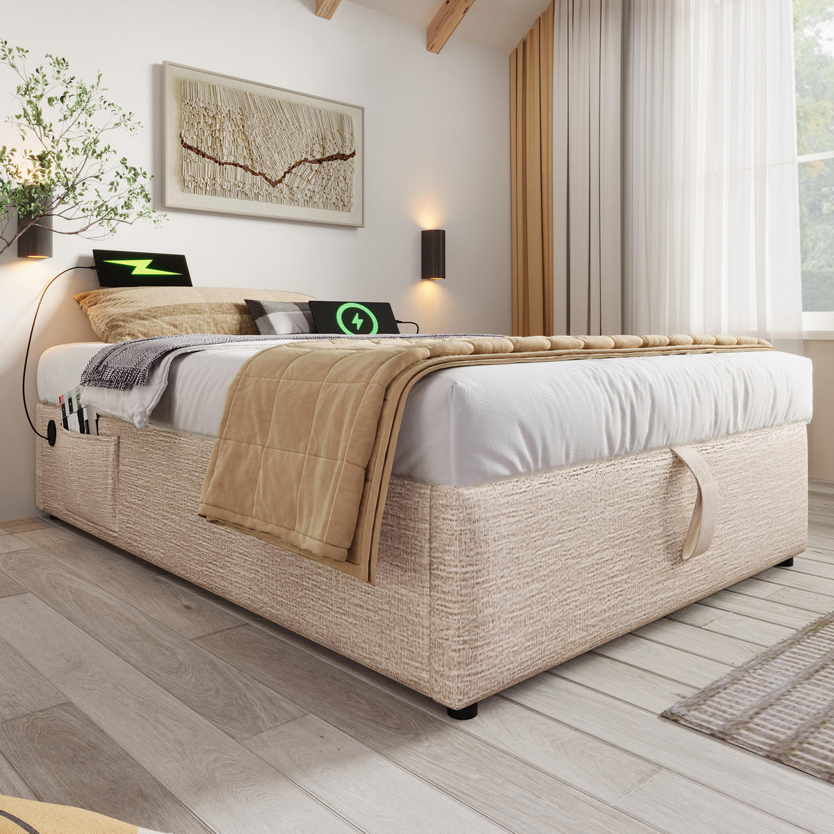 POLSTERBETT 90/190 cm Beige Stauraumbett mit USB- und Type-C-Anschlüssen aus Leinen - Beige, Textil (90/190cm) - OKWISH