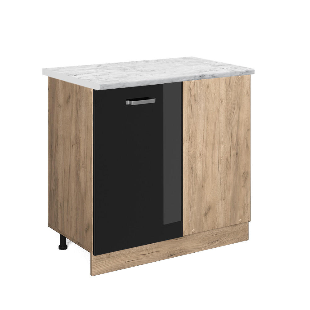 ECKUNTERSCHRANK R-Line Schwarz Hochglanz 86 cm AP Marmor - Schwarz Hochglanz/Eiche Wotan, Holzwerkstoff (86/81.6/60cm) - Vicco
