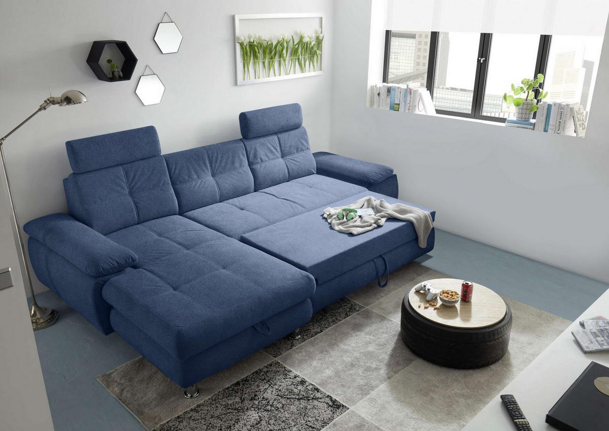 ECKSOFA mit Schlaffunktion und Bettkasten, Brego-Stoff - Chromfarben/Blau, Textil/Metall (274/177cm) - ed exciting design