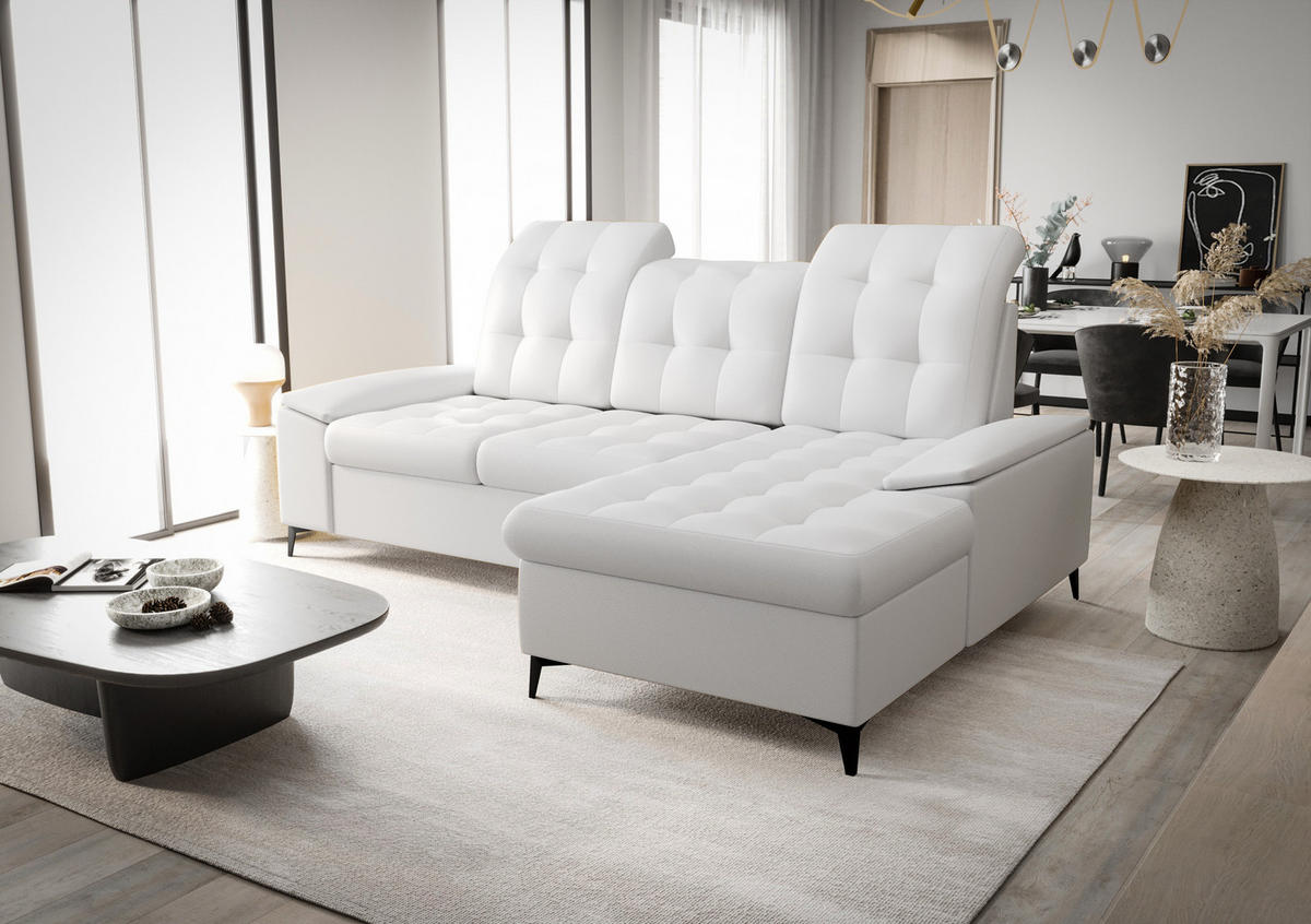 ECKSOFA KONGO RBN18, Eckcouch in L-Form mit Schlaffunktion, Farbe: Weiß, Kunstleder, Ottomane Rechts - Weiß, Textil (257/172cm) - O-Sofa