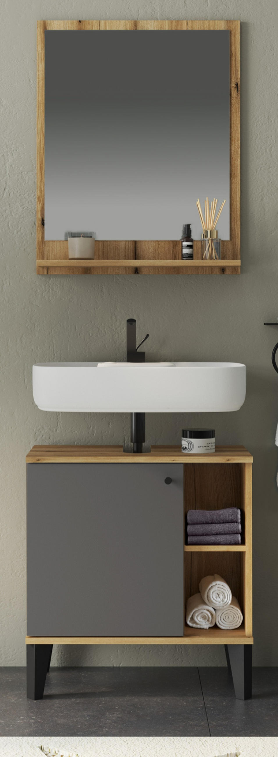 BADMÖBEL-SET 2-teilig grau, Evoke Eiche, Badkombination 60 cm - Eichefarben/Grau, Glas/Holzwerkstoff (60/190/33cm) - Furn.Design